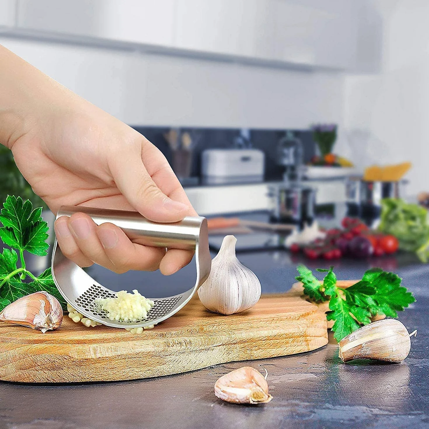 Sinnsally Presse Ail Manuel en Acier Inoxydable, Découpe Ecrase Ail, Garlic Press Rocker