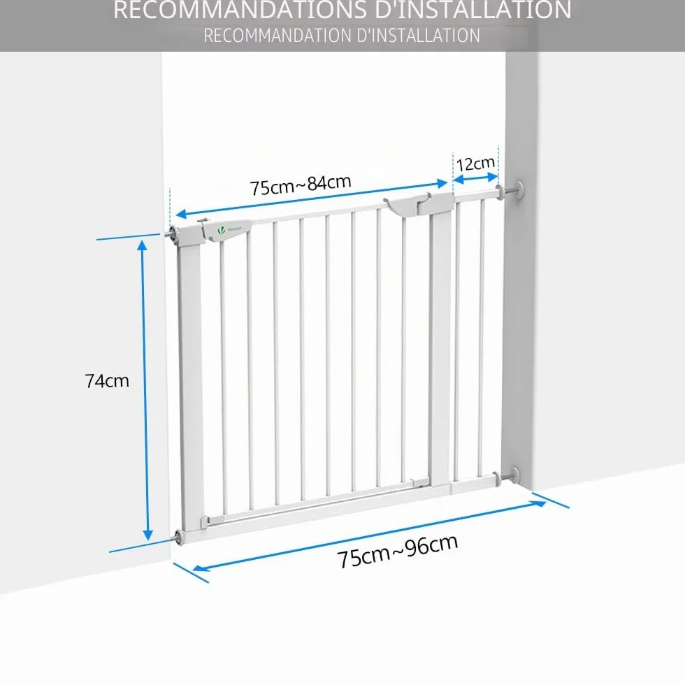 Barrière de Sécurité Extensible 88-96cm Métal Blanc 74cm Fermeture Auto Magnétique sans Perçage