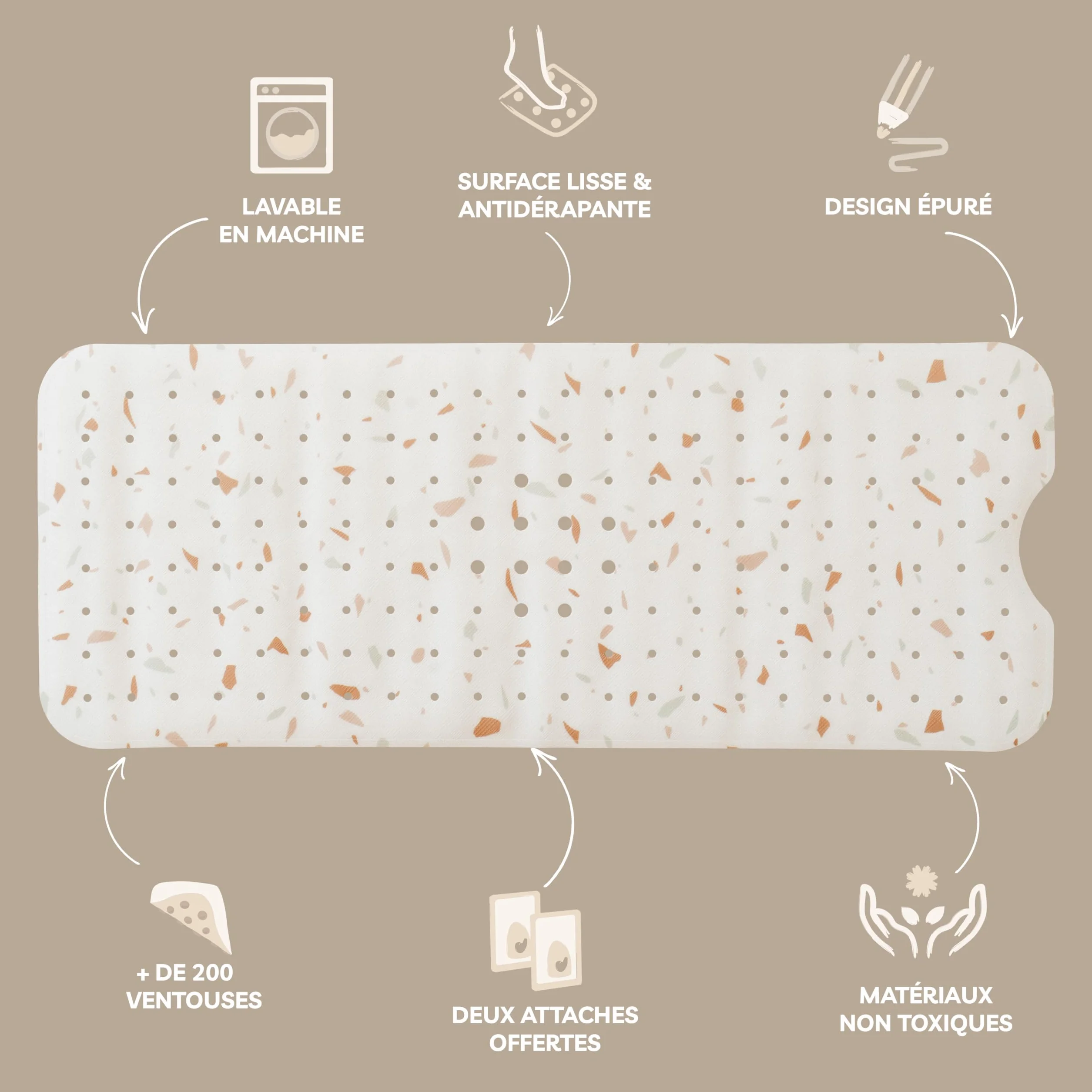 Tapis de Baignoire Bébé Antidérapant 100x40 cm Motif Terrazzo sans BPA Lavable en Machine Anti-moisissure Ventouses
