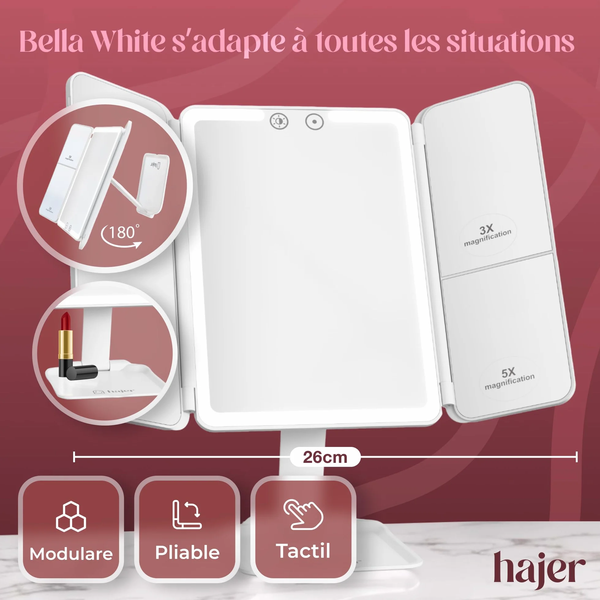 Hajer Miroir Maquillage LED Grossissant 1X/3X/5X 3 Modes Éclairage Tactile Rechargeable USB-C Pliable Voyage