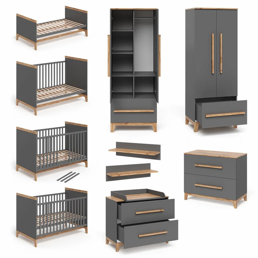 VitaliSpa Set de Chambre d'enfant Malia, Gris/chêne, Lot de 4