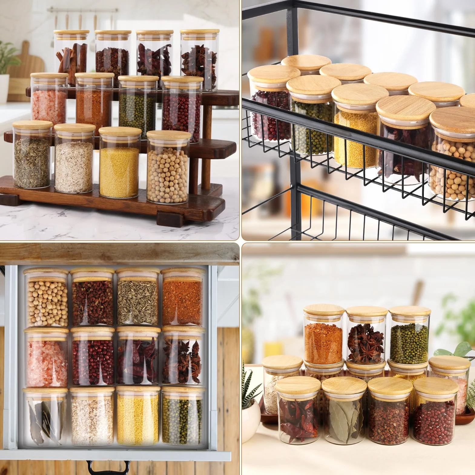 Bocaux à Épices en Verre et Bois 12 Pots 250ml Hermétique ⌀6,5cm x 10,5cm