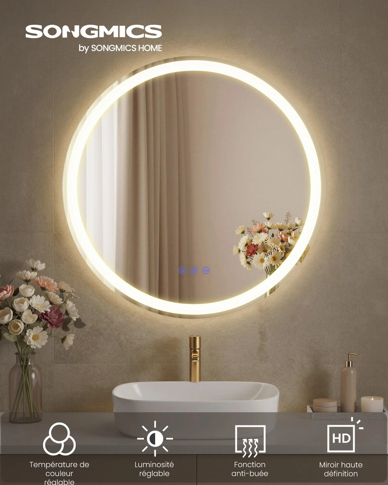 SONGMICS Miroir de Salle de Bain avec Éclairage Anti-buée 61 cm Blanc Nuage LWM211WC02