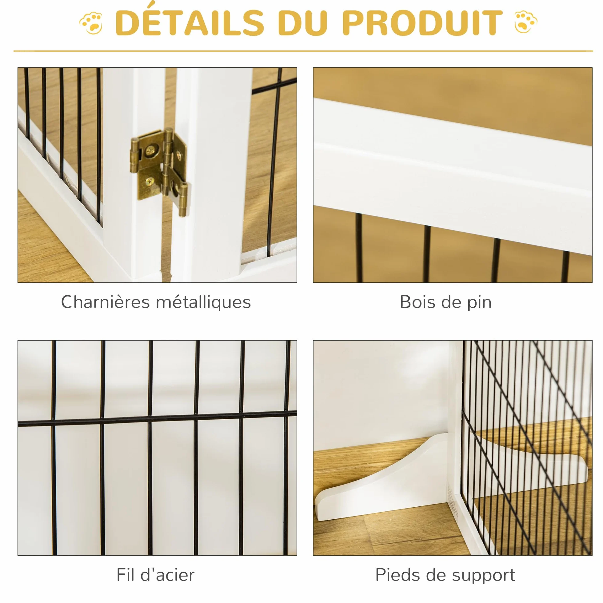 PawHut Barrière de sécurité Chien autoportante modulable Pliable 6 Panneaux Bois de pin 432 x 36 x 70 cm Blanc