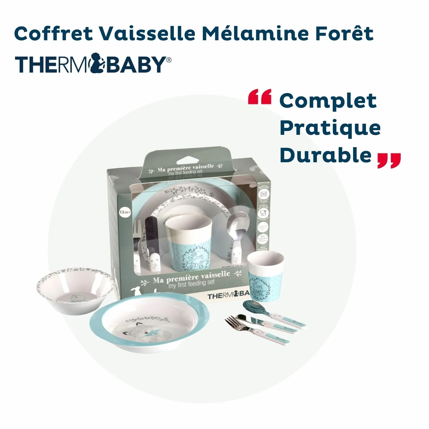THERMOBABY Coffret Vaisselle Mélamine et Couverts Inox Enfant Vert Céladon Gris