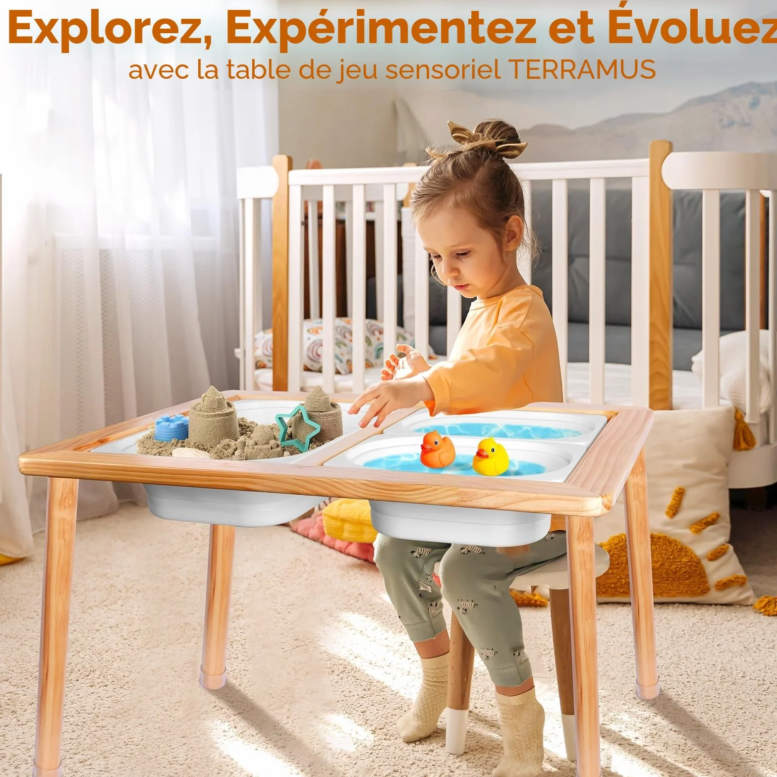 TERRAMUS Table pour Enfants, Table Sensorielle en Bois avec 3 Bacs de Rangement, Table d'eau et de Sable avec Couvercles Intérieure et Extérieure, Table d'activités pour Apprendre, Manger, Jouer