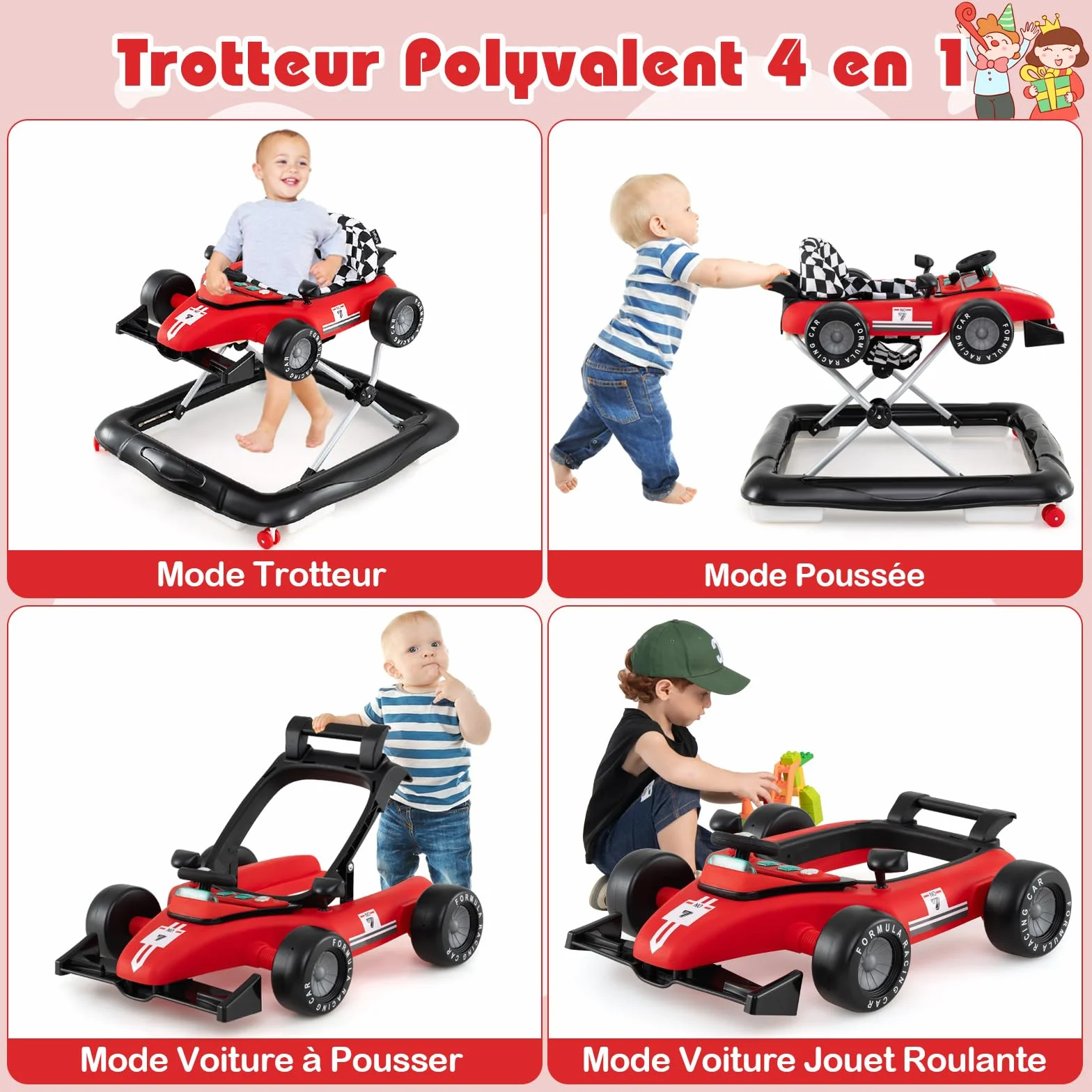 COSTWAY Trotteur Bébé Garçon Fille 3 Hauteur Réglable Pliable Évolutif Boîte à Musique Amovible Volant Roues Silencieuses Charge 12kg 6-18 Mois