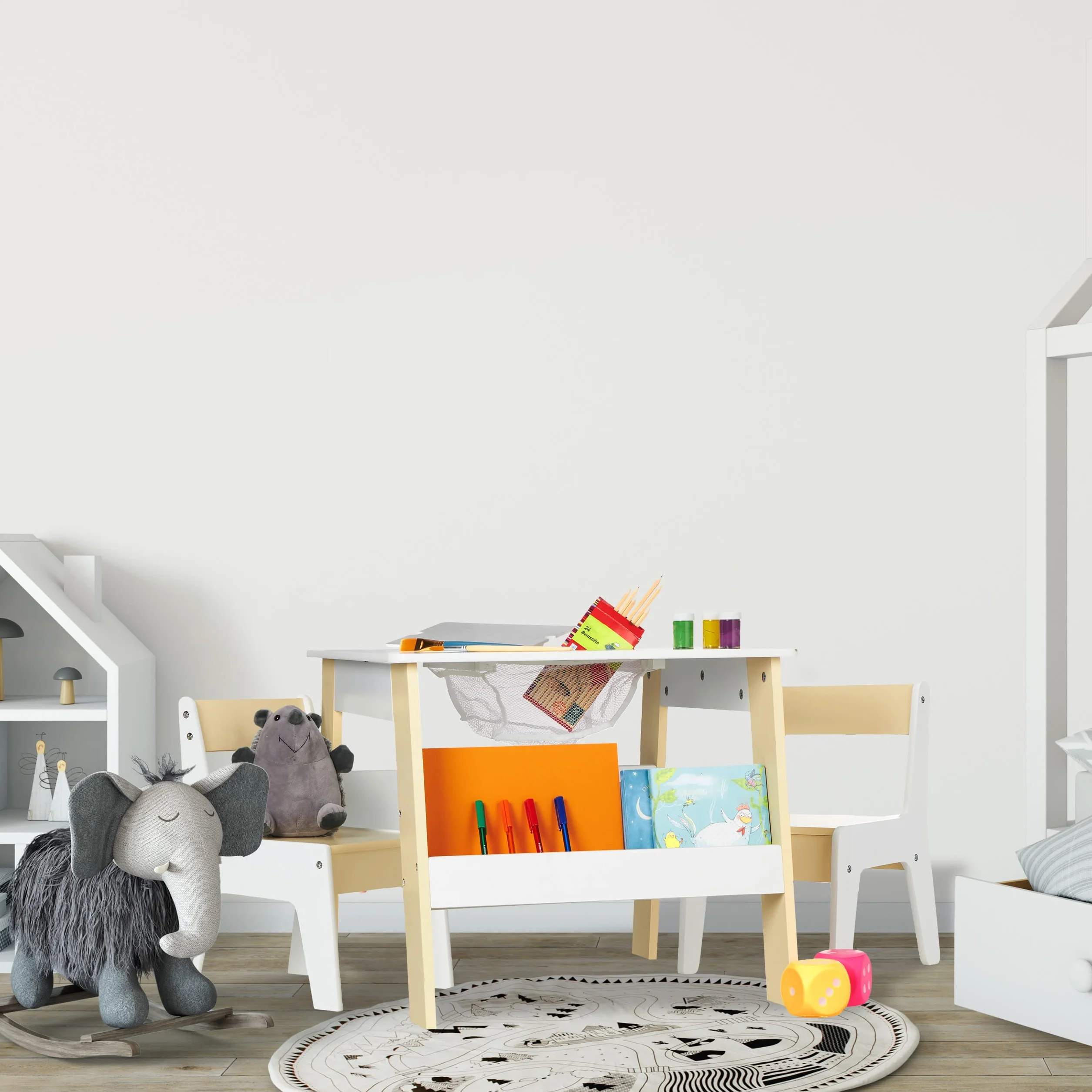 Relaxdays Ensemble mobilier Enfants Table 2 chaises rangements Blanc-Beige