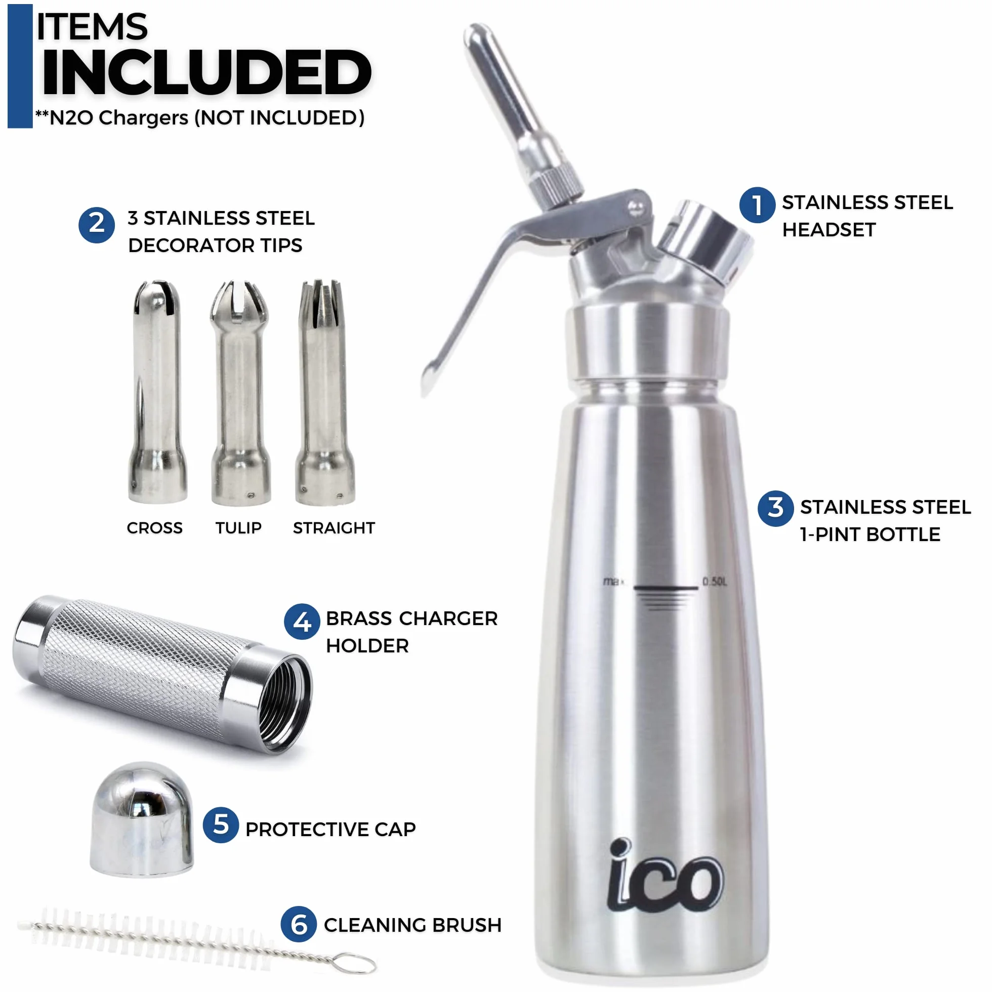 Siphon Chantilly Professionnel 500ml Acier Inoxydable pour Crème Fouettée Compatible Cartouches N2O