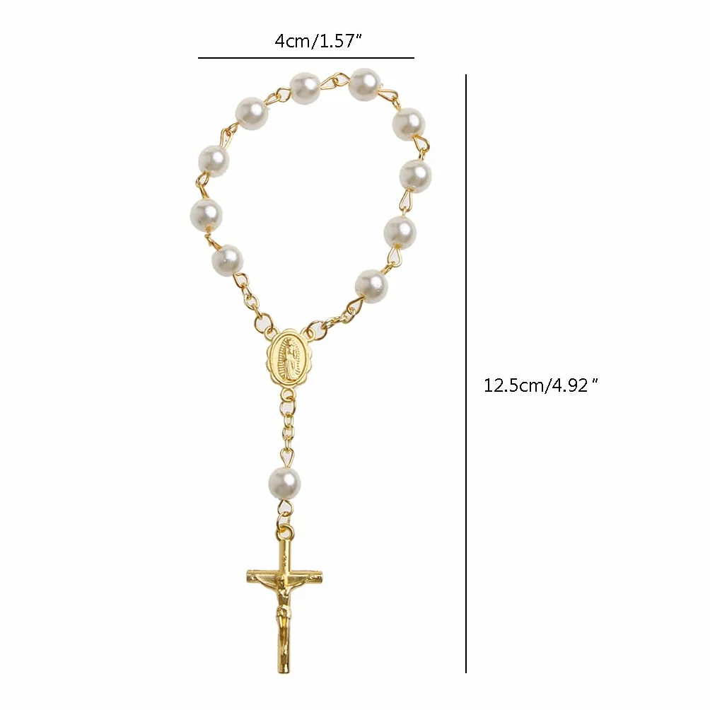 Baptême Mini Chapelet Ivoire Faux Perles Bracelet Croix