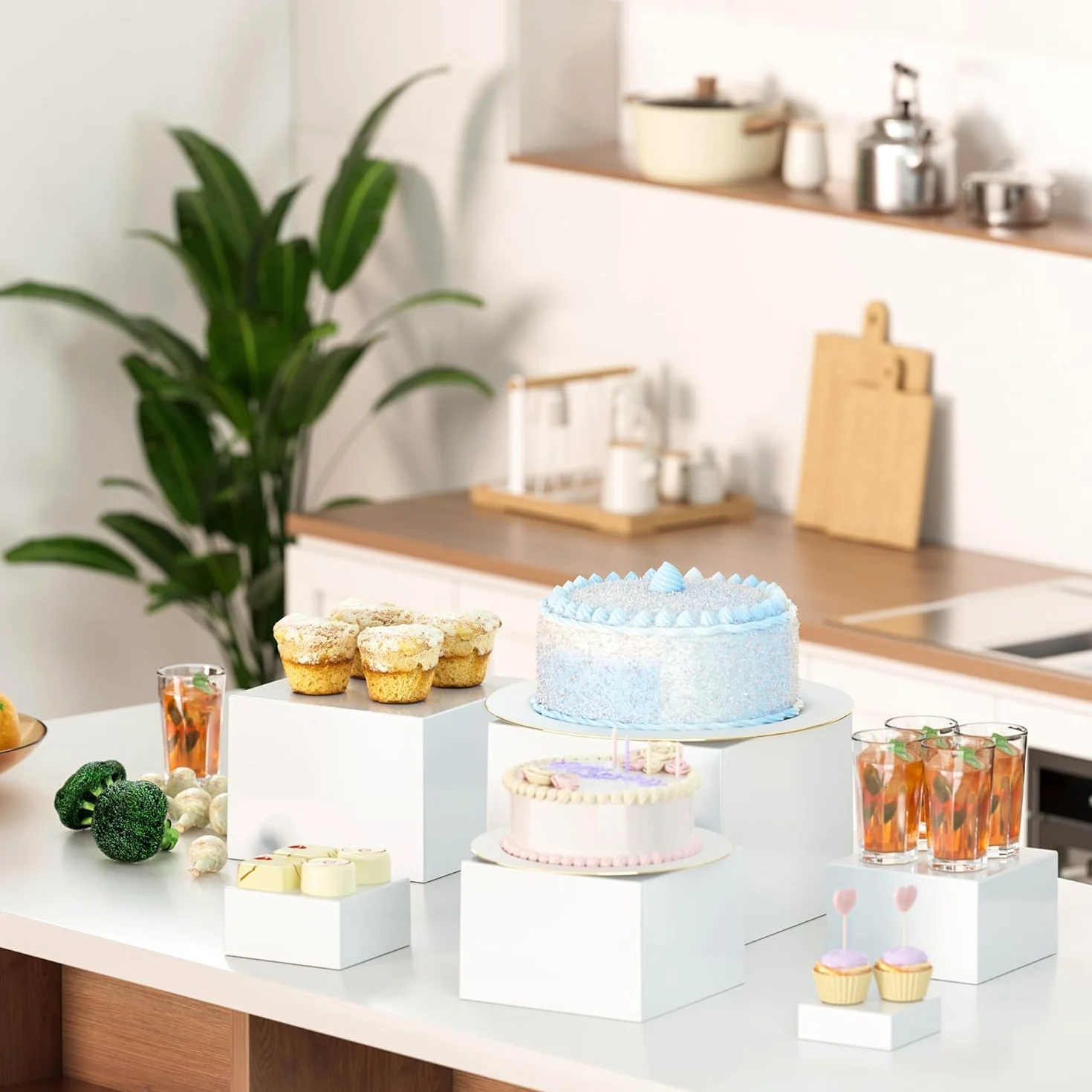 8 Pièces Presentoir Buffet,Cubes Blancs en Acrylique avec Fonds Creux,pour Restauration,Dessert,Bijoux,Figurines