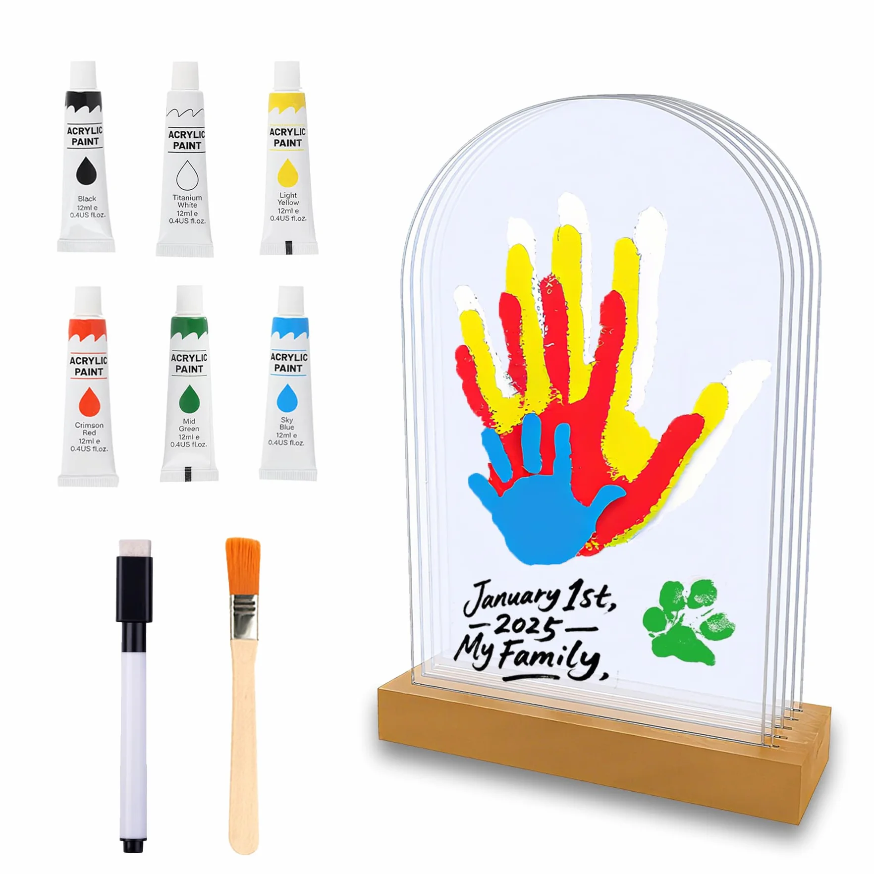 Kit d'empreintes de Mains et Pied Bébé 5 Panneaux Plexiglas Base Bois Souvenir DIY