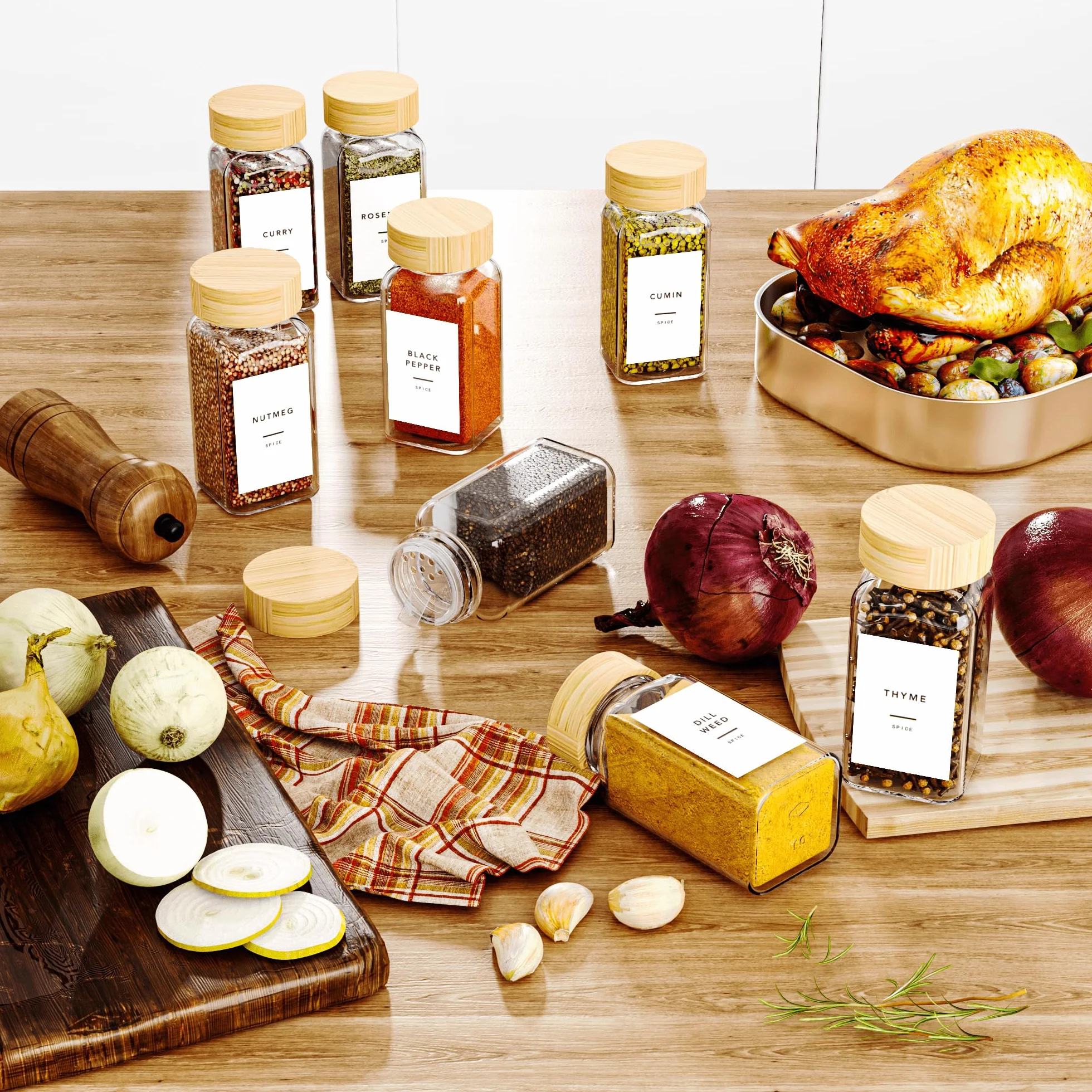 Pots à épices carrés 120 ml avec couvercle, lot de 24, entonnoir, saupoudrer, autocollants vides, tamis