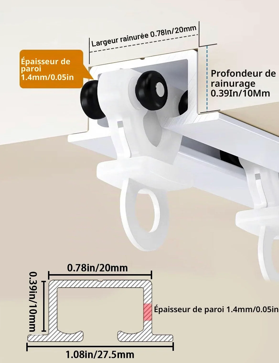 Rail de Rideau de Plafond en Aluminium Invisible, Montage au Plafond Rail de Rideau Aluminium, Rail à Rideau Encastrée pour Separation de Piece/Rideaux/Chambre/Balcon/Bureau/Hôtel(White four wheels,3