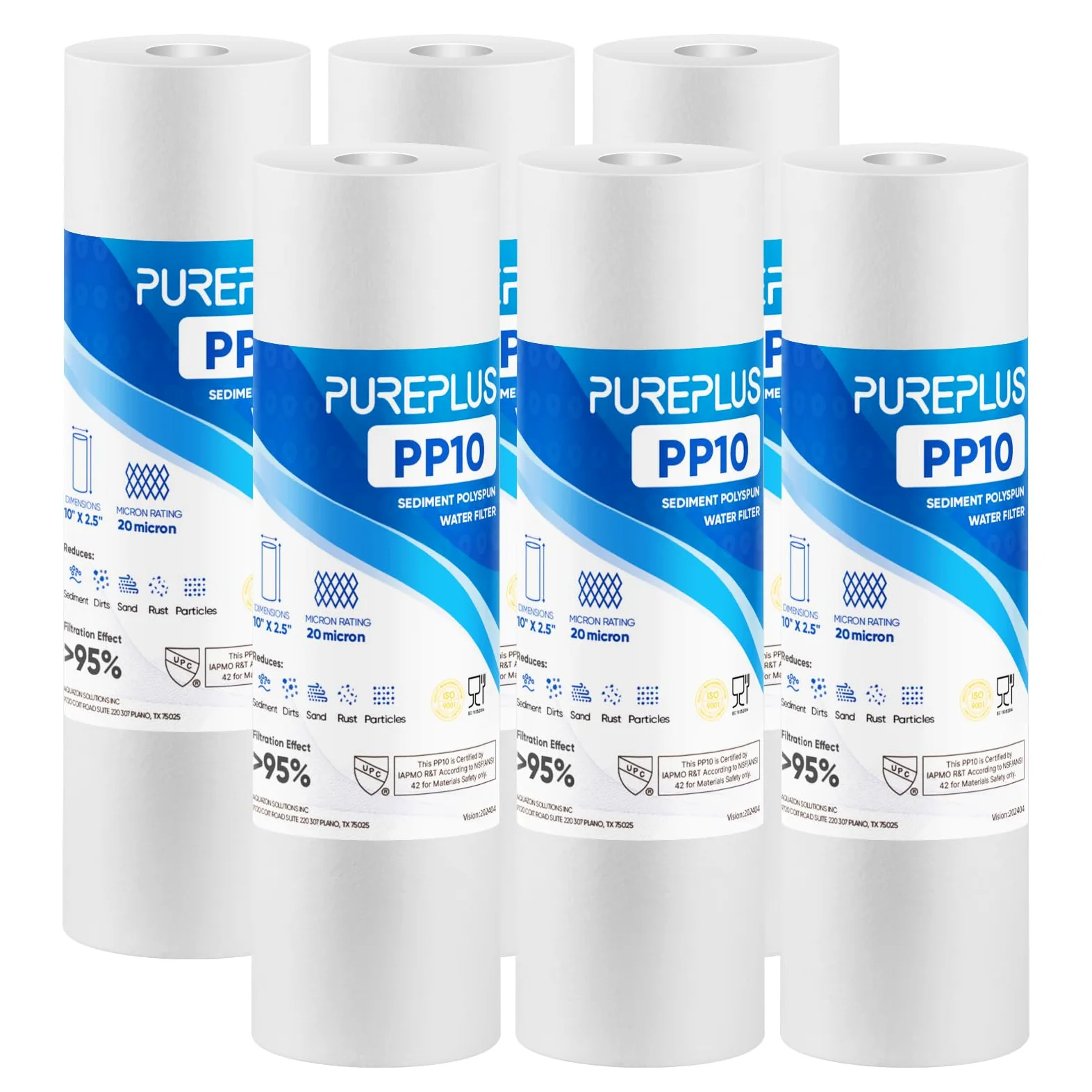 PUREPLUS Lot de 6 cartouches de filtre à sédiments pour toute la maison 20 microns 25,4 x 6,3 cm