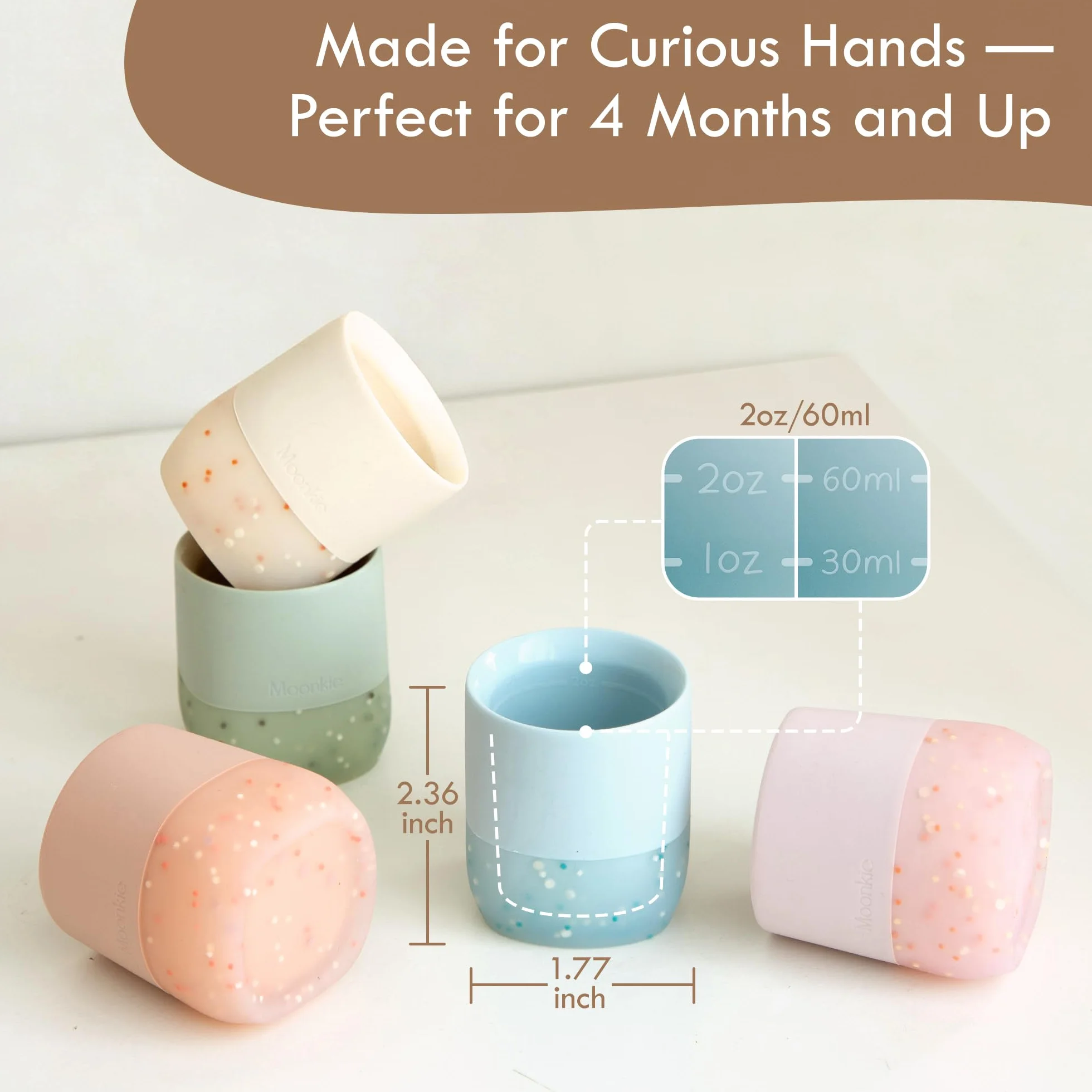 Moonkie Verre Bebe 60ml Lot de 2 Gobelets en Silicone Base Lestée Tasse Bebe Ouverte 4 Mois+ Sans BPA