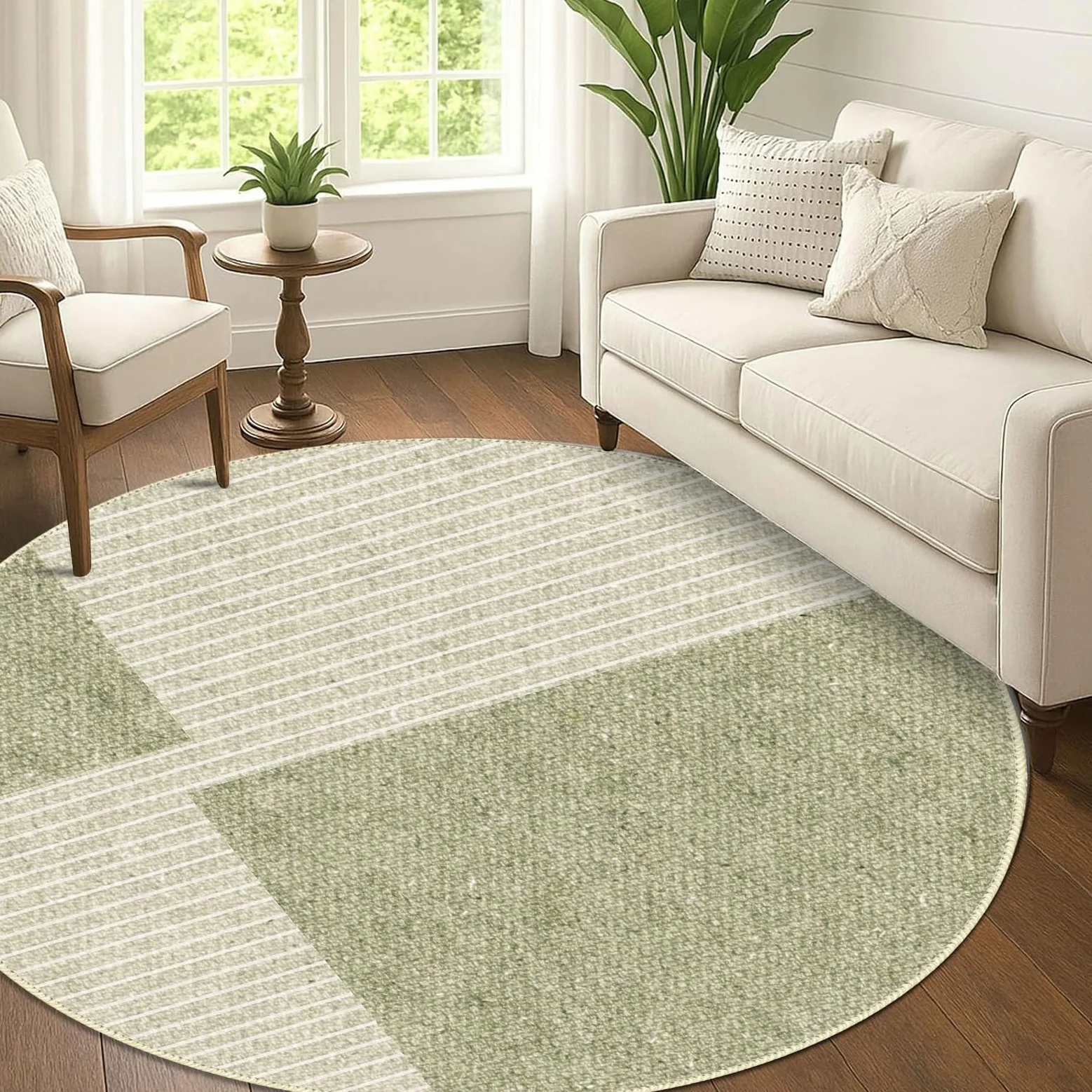 Tapis de salon rond 80 cm, moelleux à poils courts avec design géométrique vert et beige, antidérapant et lavable, pour le salon ou comme descente de lit, en vert, beige