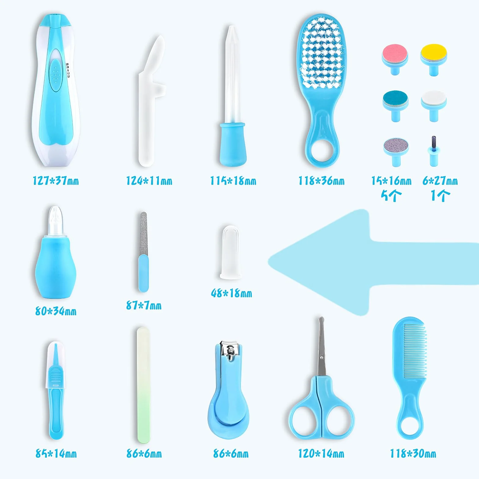 Kit de toilettage pour bébé 20 en 1 avec brosse, peigne, coupe-ongles, aspirateur nasal, bleu