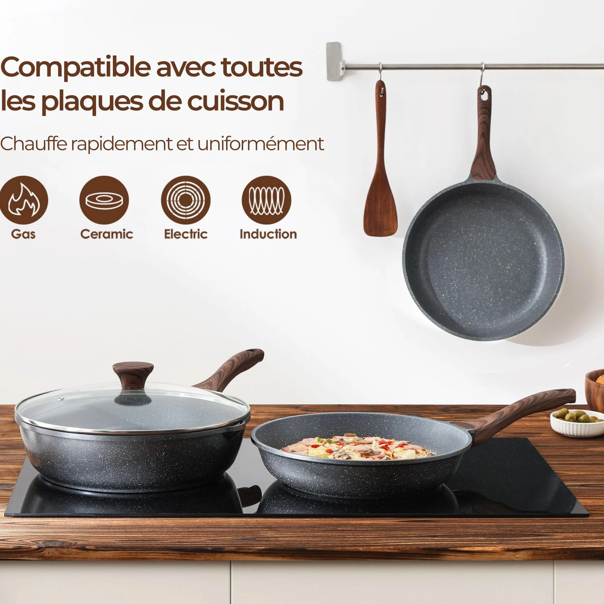 SENSARTE Poêle 24 cm Revêtement Granit Antiadhésif Induction Manche Froid Lave-Vaisselle