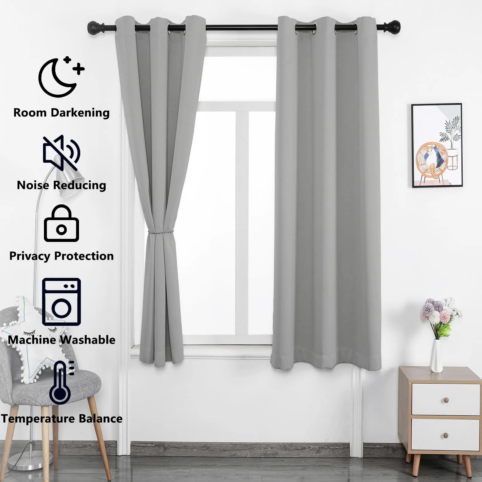 Générique Rideaux Lot de 1 Rideau occultant avec œillets Rideau Thermique 200x120 cm (LxH) Rideau Opaque Rideau insonorisant Voilage intérieur pour Chambre à Coucher Salon Balcon Gris