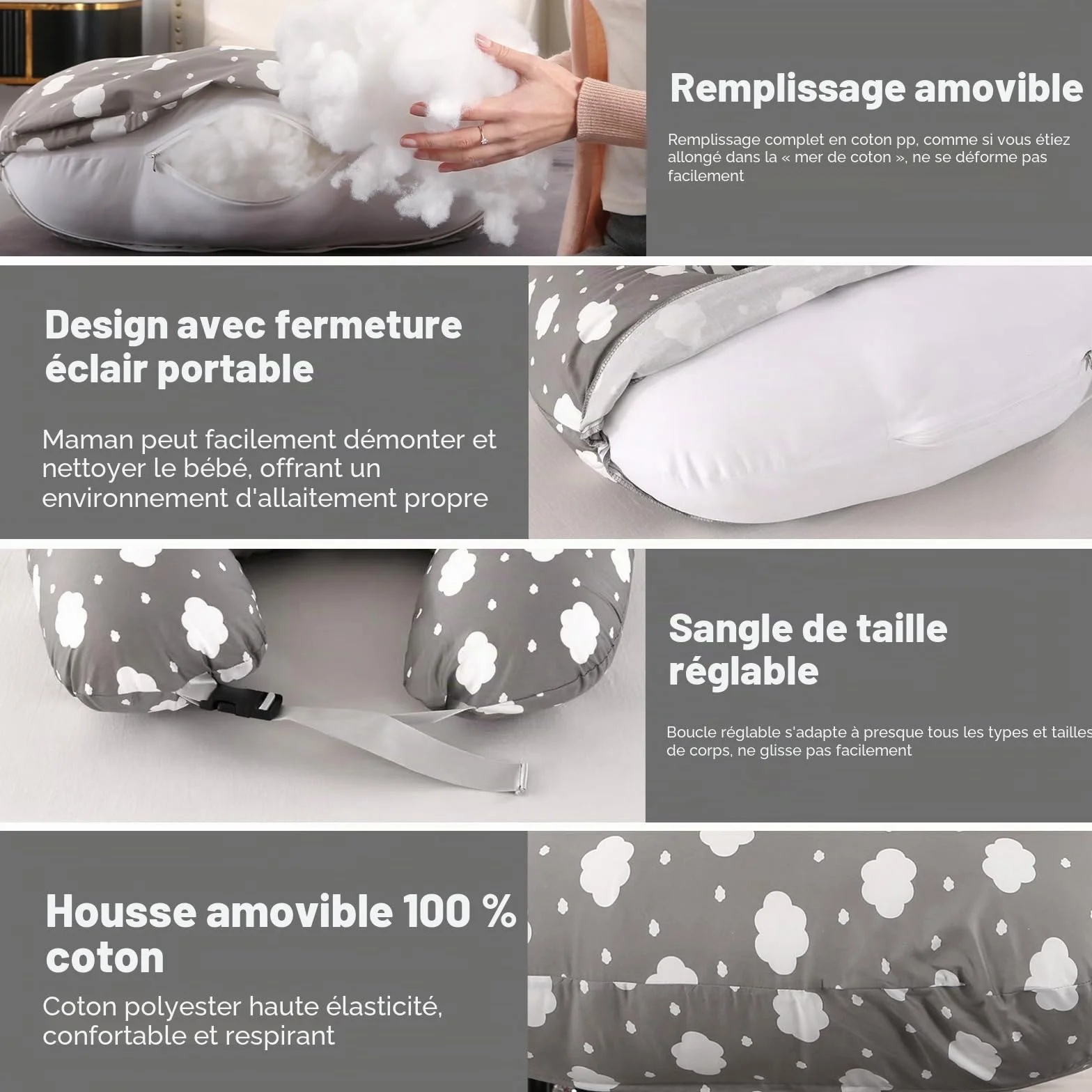 Labtec Coussin d'allaitement multifonctionnel pour bébé avec sangle de taille réglable, housse amovible 100 % coton