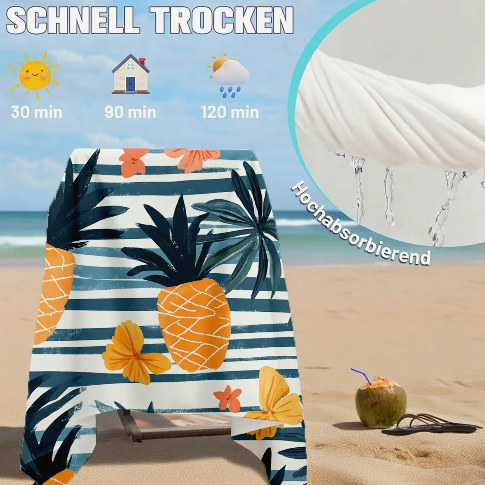 Serviette de Plage Microfibre Serviette Plage 100x220 2 Pack Séchage Rapide, Anti-Sable, Absorbante Fonction drap de plage xxl pour Bain, Sport, Voyages, Sauna, Piscine, Yoga, avec Sac Ananas Q-620
