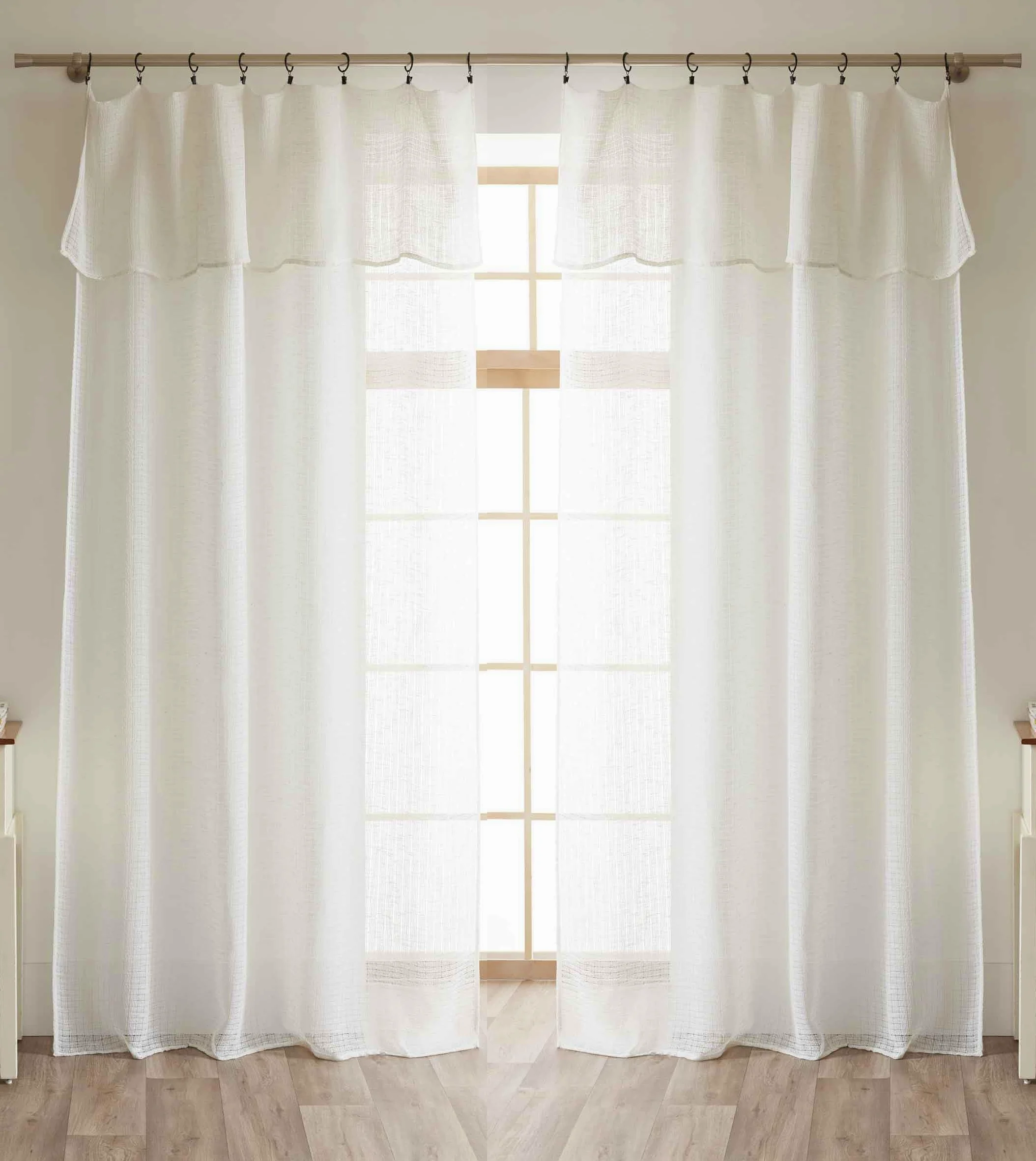 Lot de 2 voilages Ajustables + 8 Anneaux Pince 140 x 270 cm Effet Maille Freya Le Fil d'Ariane (Ivoire)