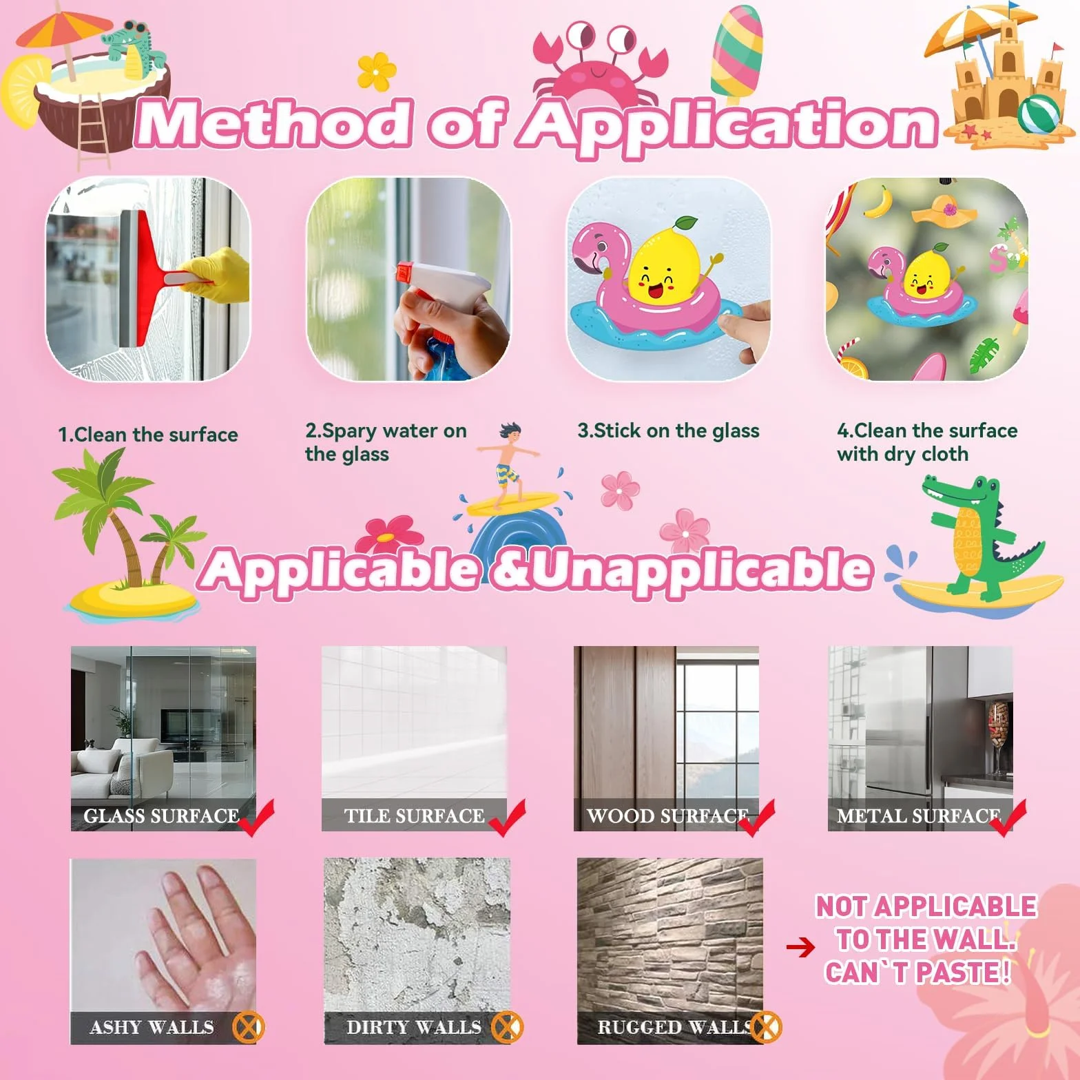 Deco Stickers Fenêtre Été Réutilisables Autocollants 63 Design Soleil Chaises Plage Bouées