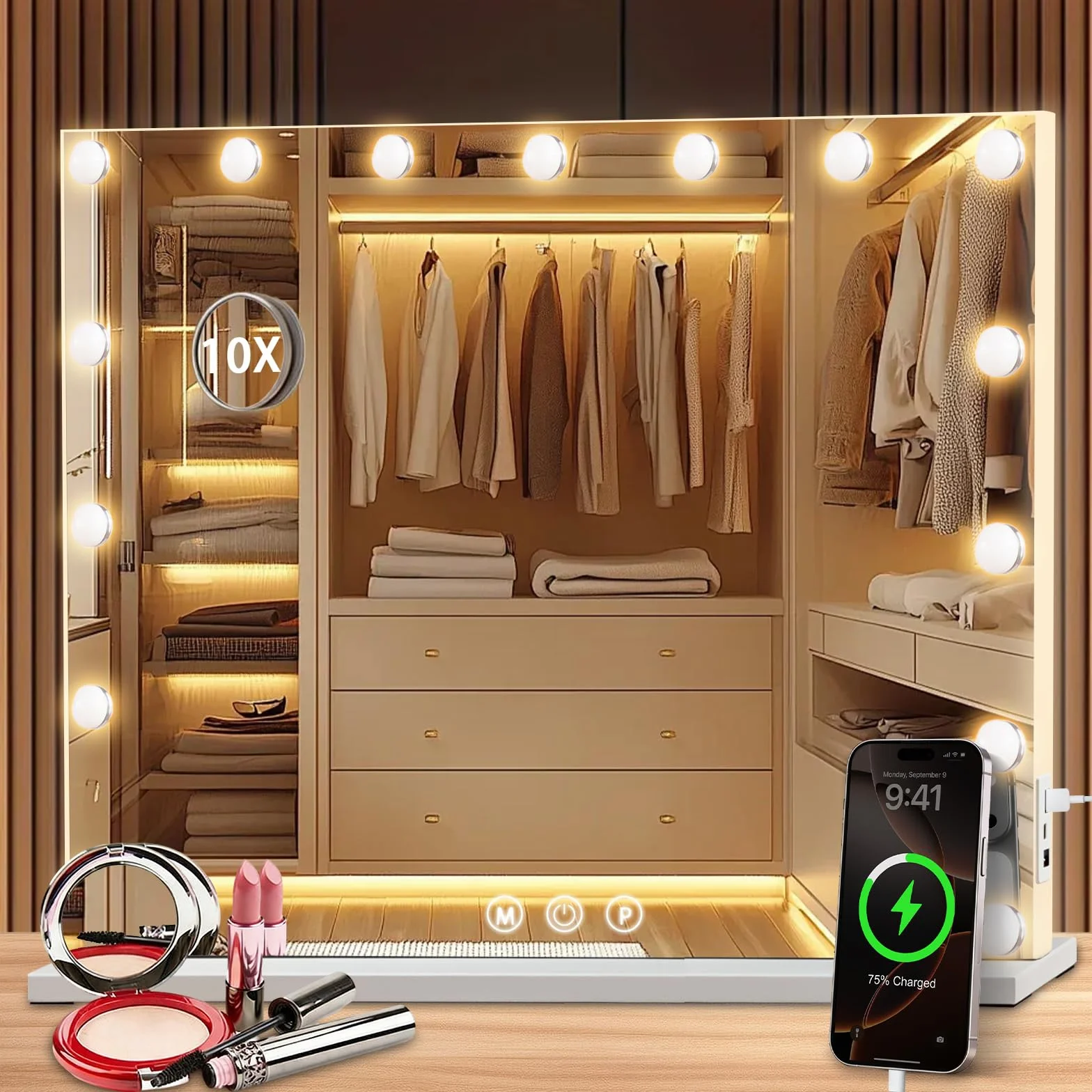Miroir Coiffeuse de Maquillage 58×46 cm LED 15 Lampes Super HD Grossissement ×10 3 Couleurs Intensité Réglable USB