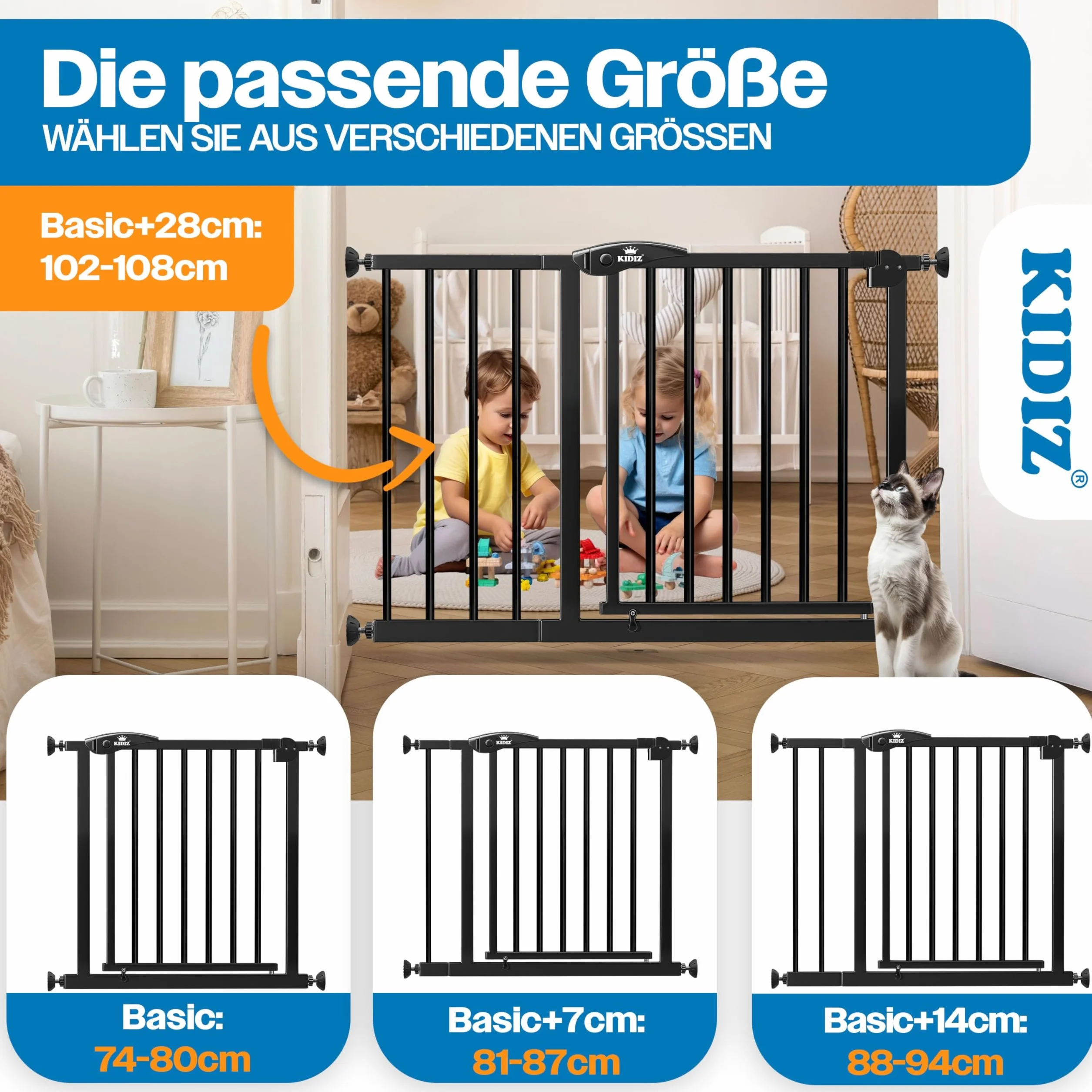 Barrière de sécurité d'escalier KIDIZ sans perçage 88-94 cm 75 cm pour enfants et chiens ouverture une main