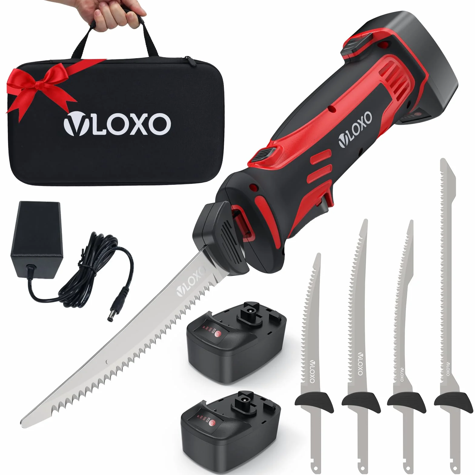 VLOXO Couteau Électrique Sans Fil, Couteau à Filet avec 4 Lames Acier Inox, 2 Batteries