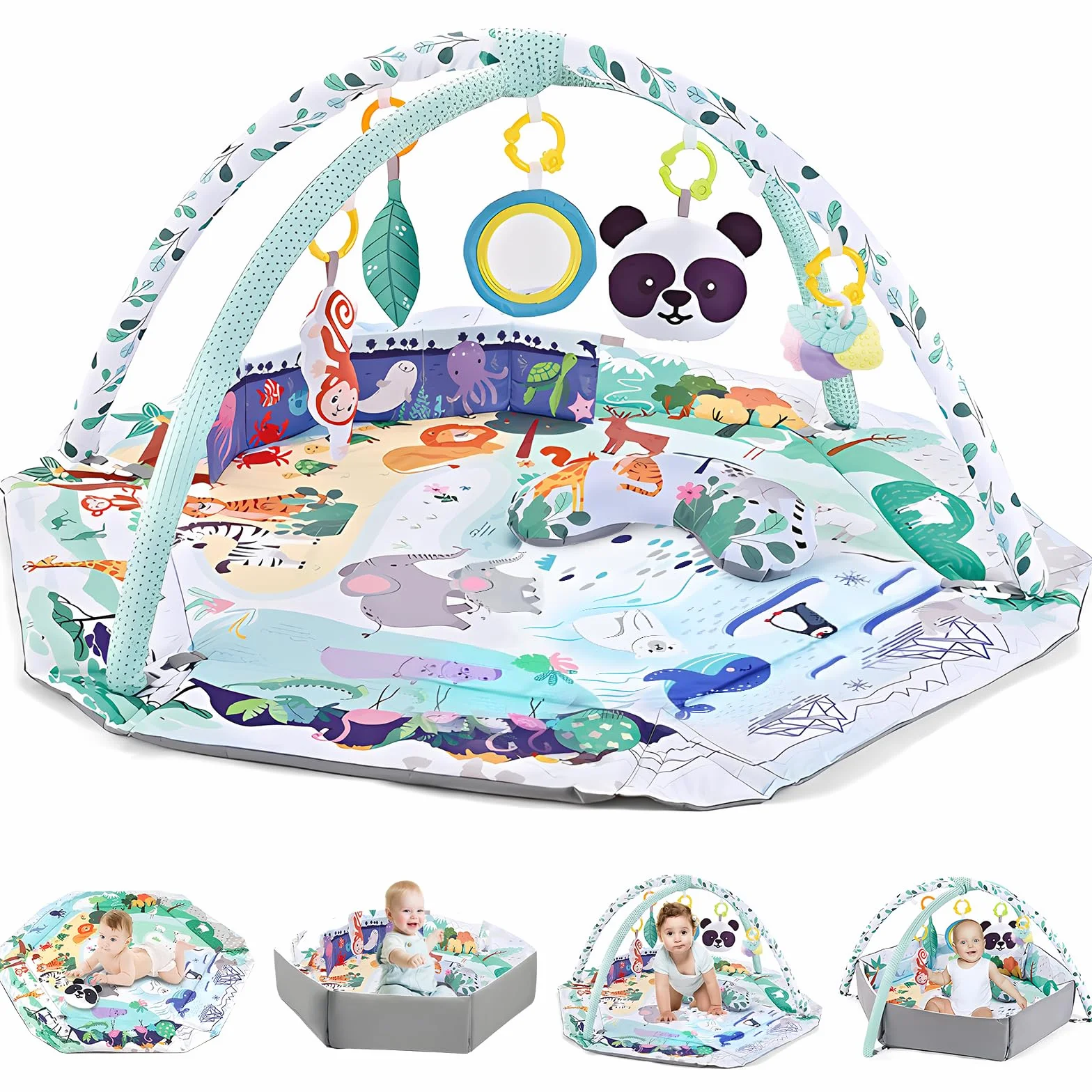 Tapis de jeu multifonctionnel pour nouveau-nés avec 8 jouets sensoriels détachables, facile à nettoyer, Tapis d'éveil et de jeux éducatif à jouer pour bébés à partir de 0 mois（Vert）