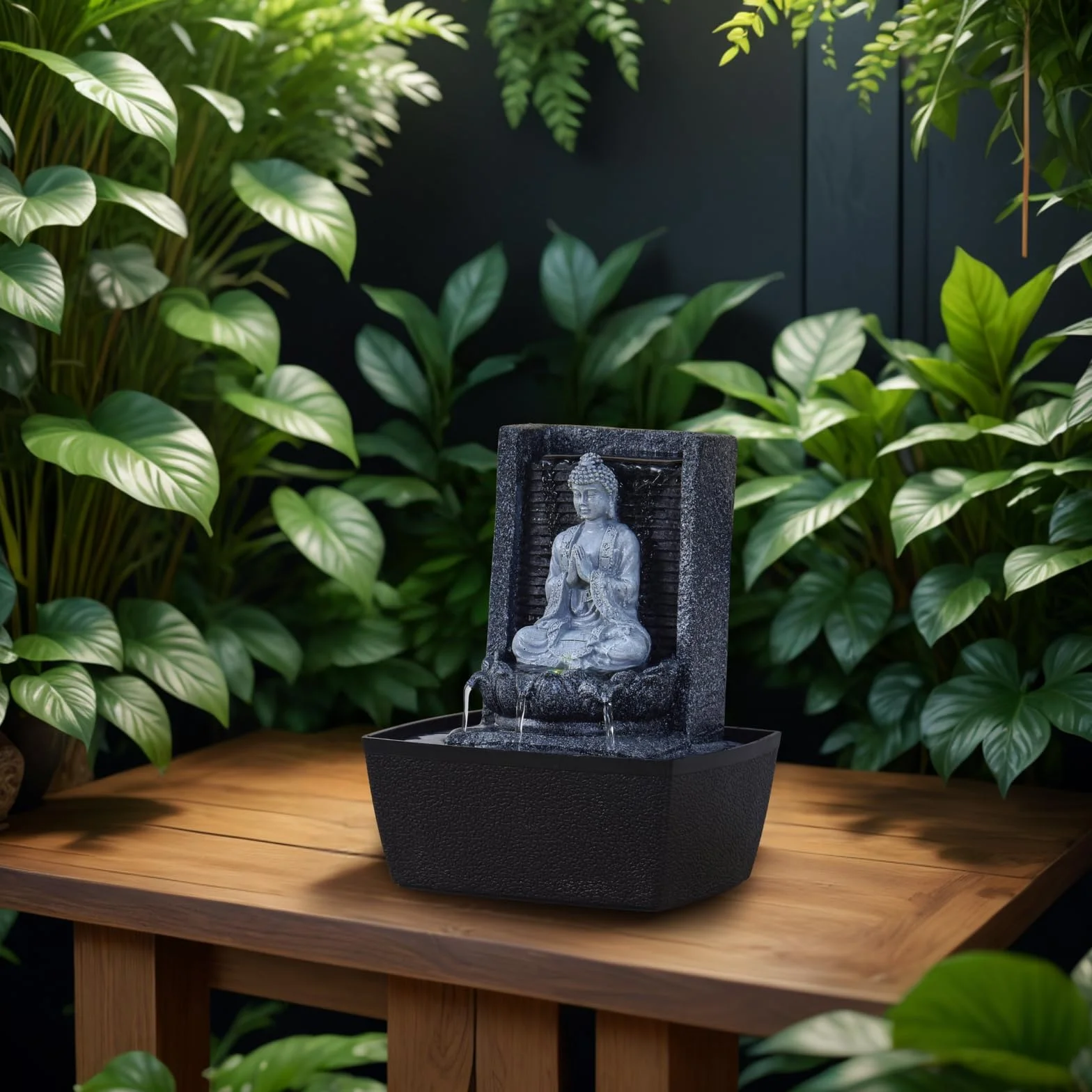 Fontaine d'Intérieur Bouddha Mur d'Eau Cascade Lotus Lumière LED Blanc Déco Zen Salon Chambre Feng Shui H 26cm