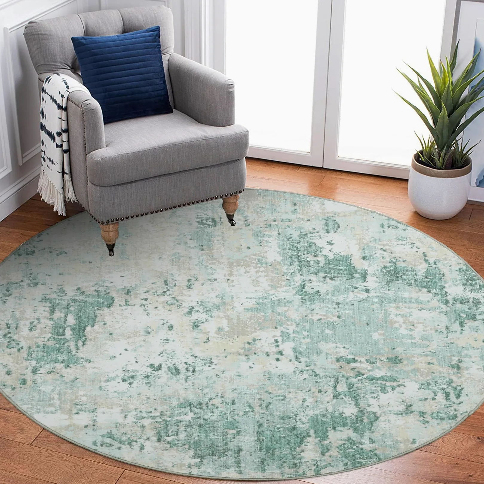 CAROMIO Tapis rond moderne abstrait pour chambre à coucher, salon, tapis moderne antidérapant pour bureau et bureau - Tapis pliable à poils courts - Vert - 120 cm