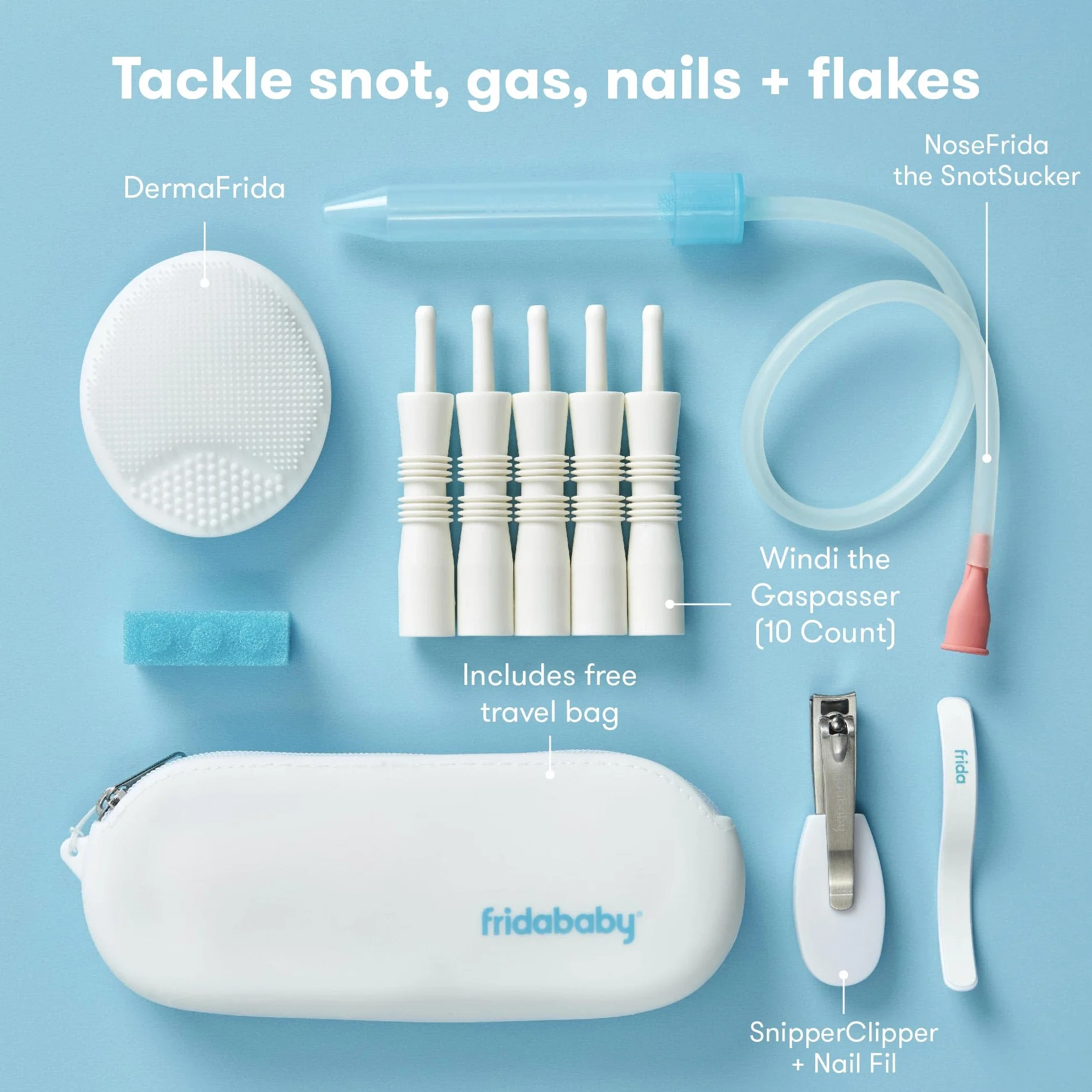 Frida Baby Kit de base pour bébé avec NoseFrida, NailFrida, Windi, DermaFrida et étui de transport en silicone