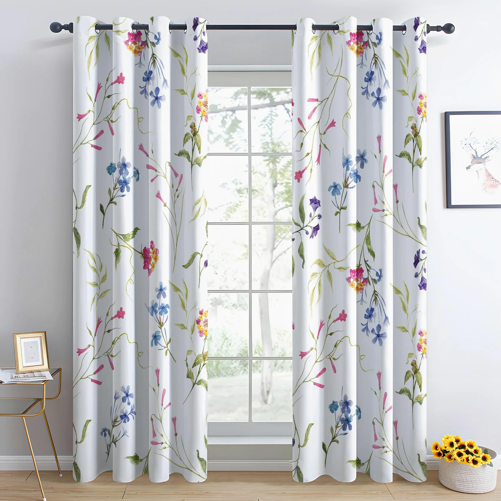 Rideau Occultant, Motif Fleuri - Rideaux Thermiques Imprimé pour Salon Chambre Fenetre, Lot de 2 Rideaux et Draperies Intérieurs à Oeillets, 140x240 cm (L x H)