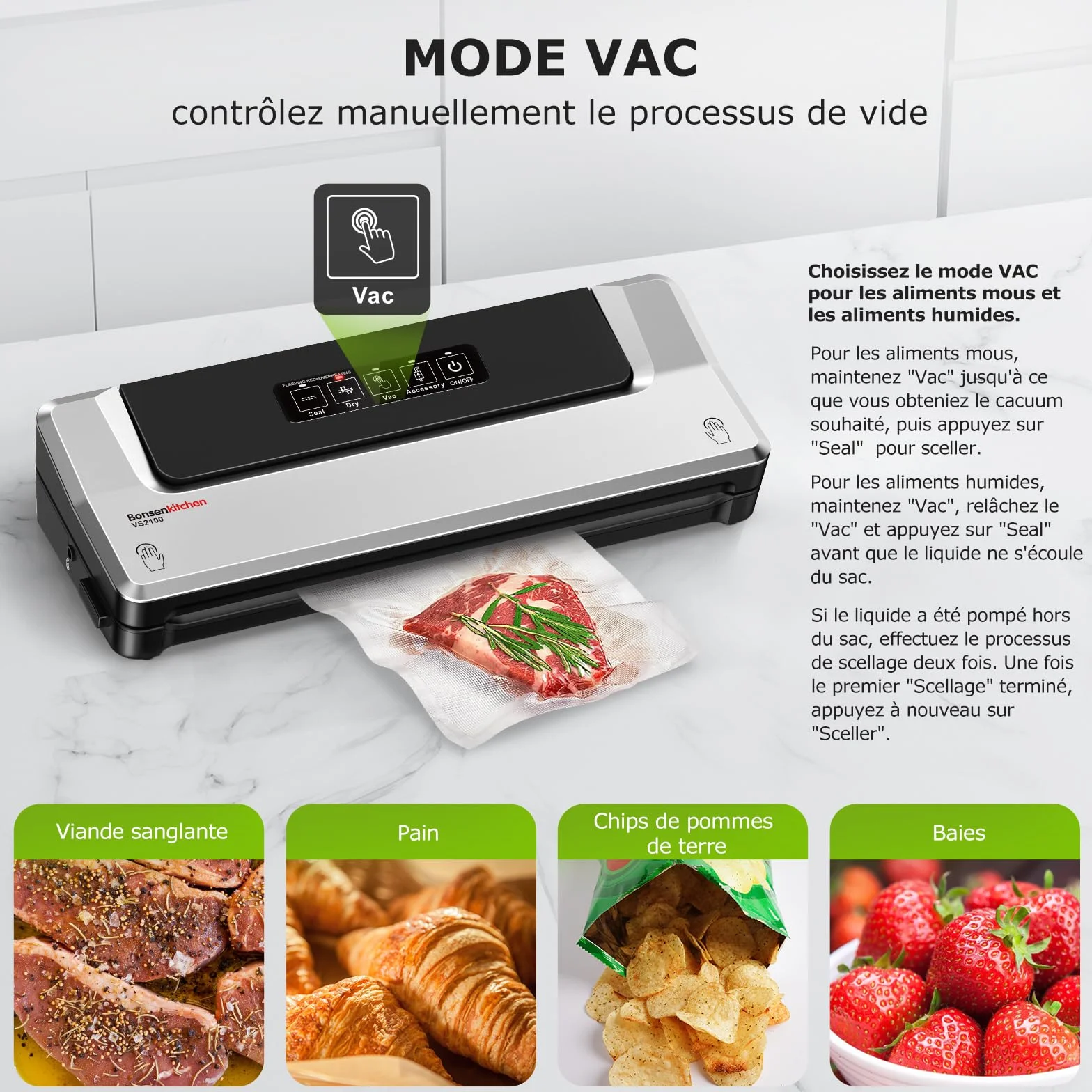 Bonsenkitchen Machine Sous Vide Alimentaire avec 5 Sacs Sous Vide