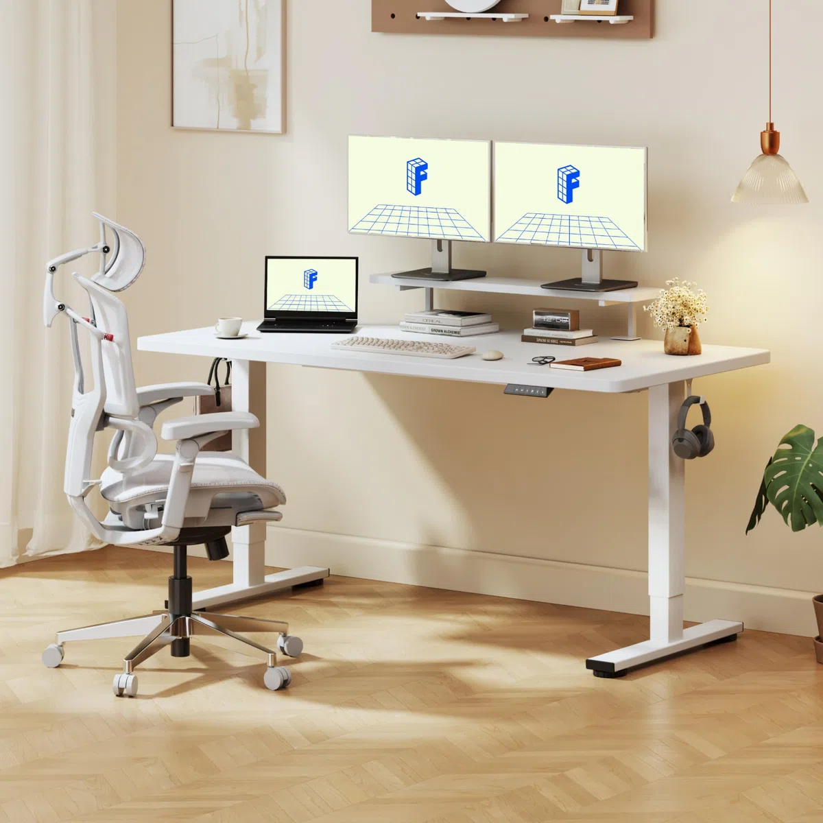FLEXISPOT Bureau Assis Debout 160x60 cm avec Rehausseur d’Écran et Rangement, Charge 100 kg, Table Réglable en Hauteur avec Mémoire, Étagère & Tiroirs, Structure Stable, Assemblage Facile, Blanc