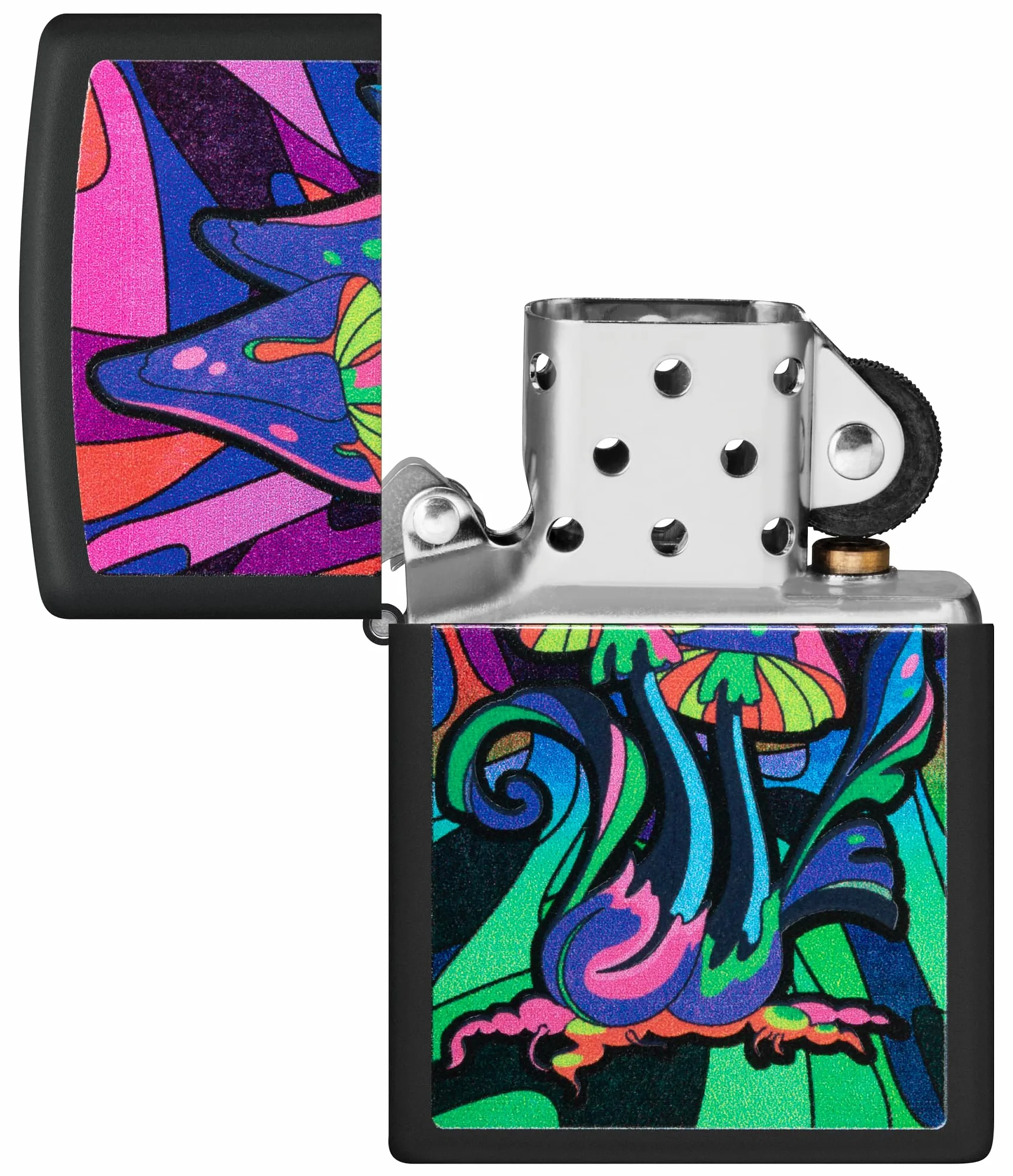 Zippo - Briquet Tempête Motif Champignons Psychédéliques Et Galaxie/Contre-Culture, Noir Mat, Lumière Noire, Rechargeable, Réutilisable, Coupe-Vent, Coffret Cadeau, Fabriqué Aux États-Unis