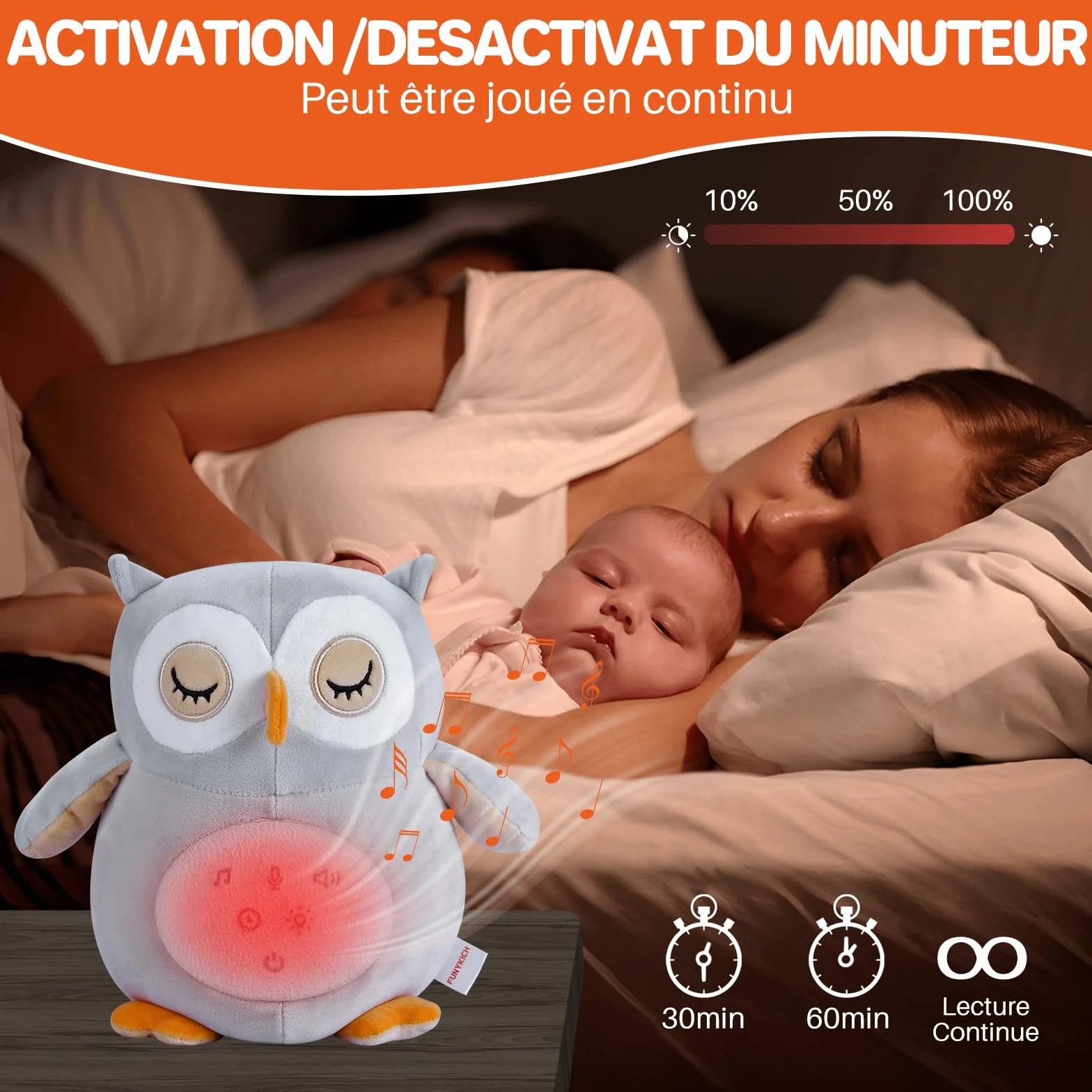 Peluche Hibou Apaisante avec Bruit Blanc pour Bébé Jouet Musical Lumineux Veilleuse Lavable en Machine