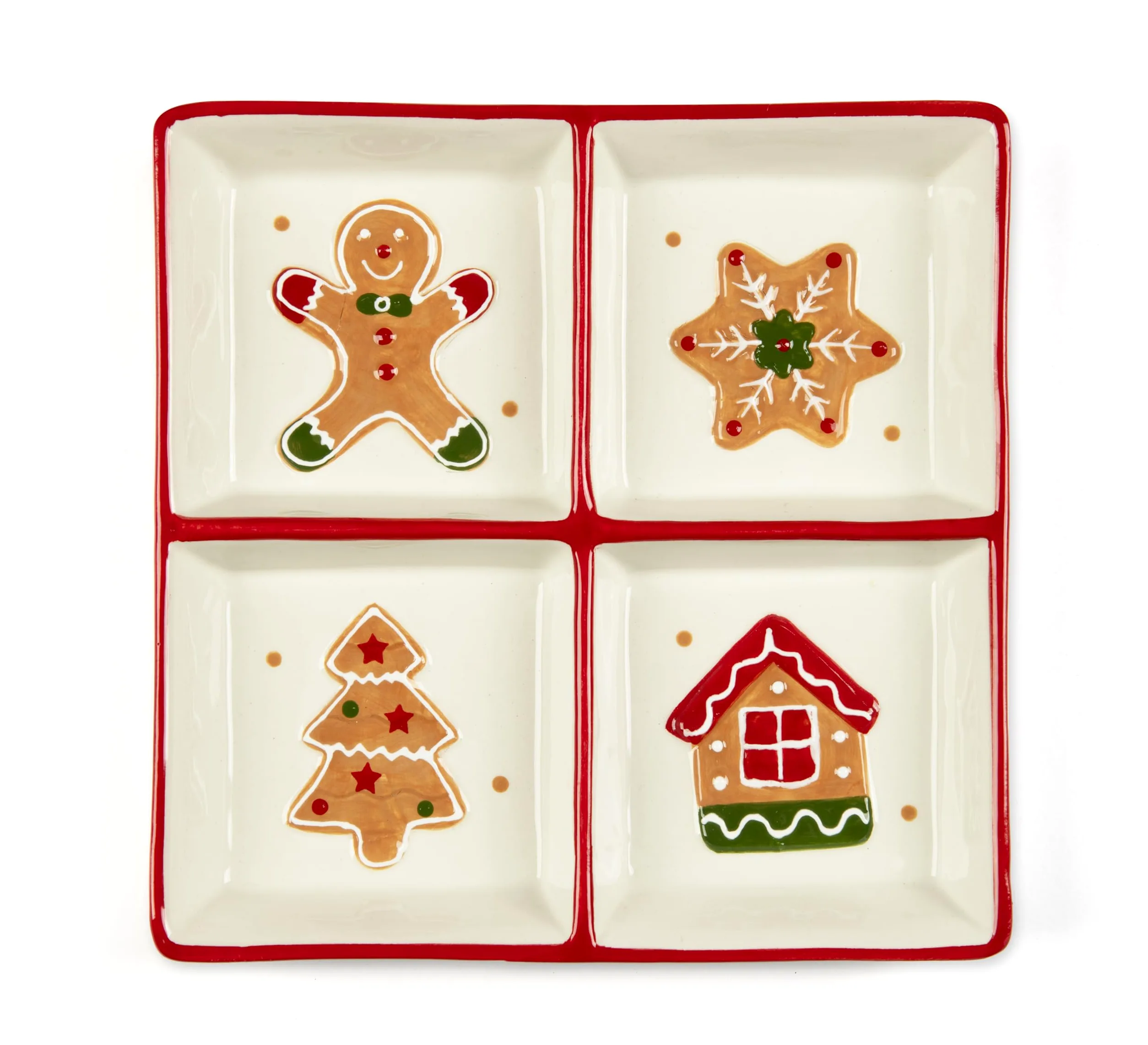 Excelsa Wonderful Ginger Assiette de Noël en céramique 4 compartiments, décoration pain d'épice 20 x 20 cm