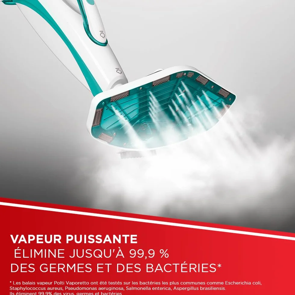 Polti Vaporetto SV450 Double Balai Vapeur 2-en-1 13 Accessoires Réservoir 0,3 L Bleu Clair Blanc