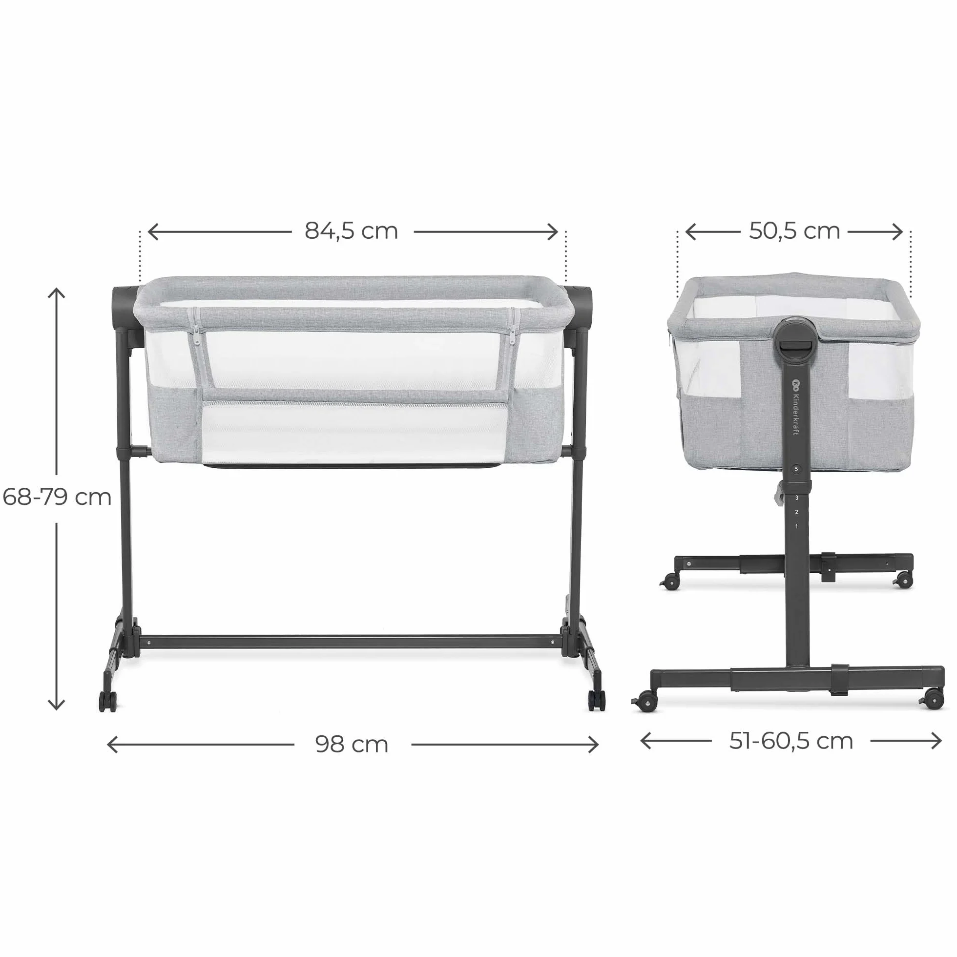 Kinderkraft NESTEE UP 2 Lit bébé cododo avec matelas, réglage hauteur, pieds réglables, gris clair