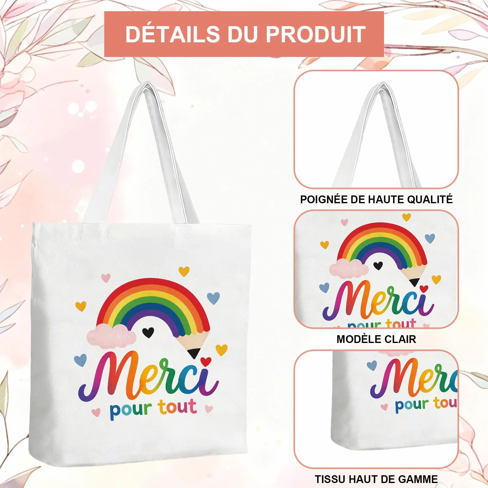 Cadeau Maitresse d'École Tote Bag Merci Porte-Clés Arc-En-Ciel Stylo Rose Tissu Résistant Design Coloré