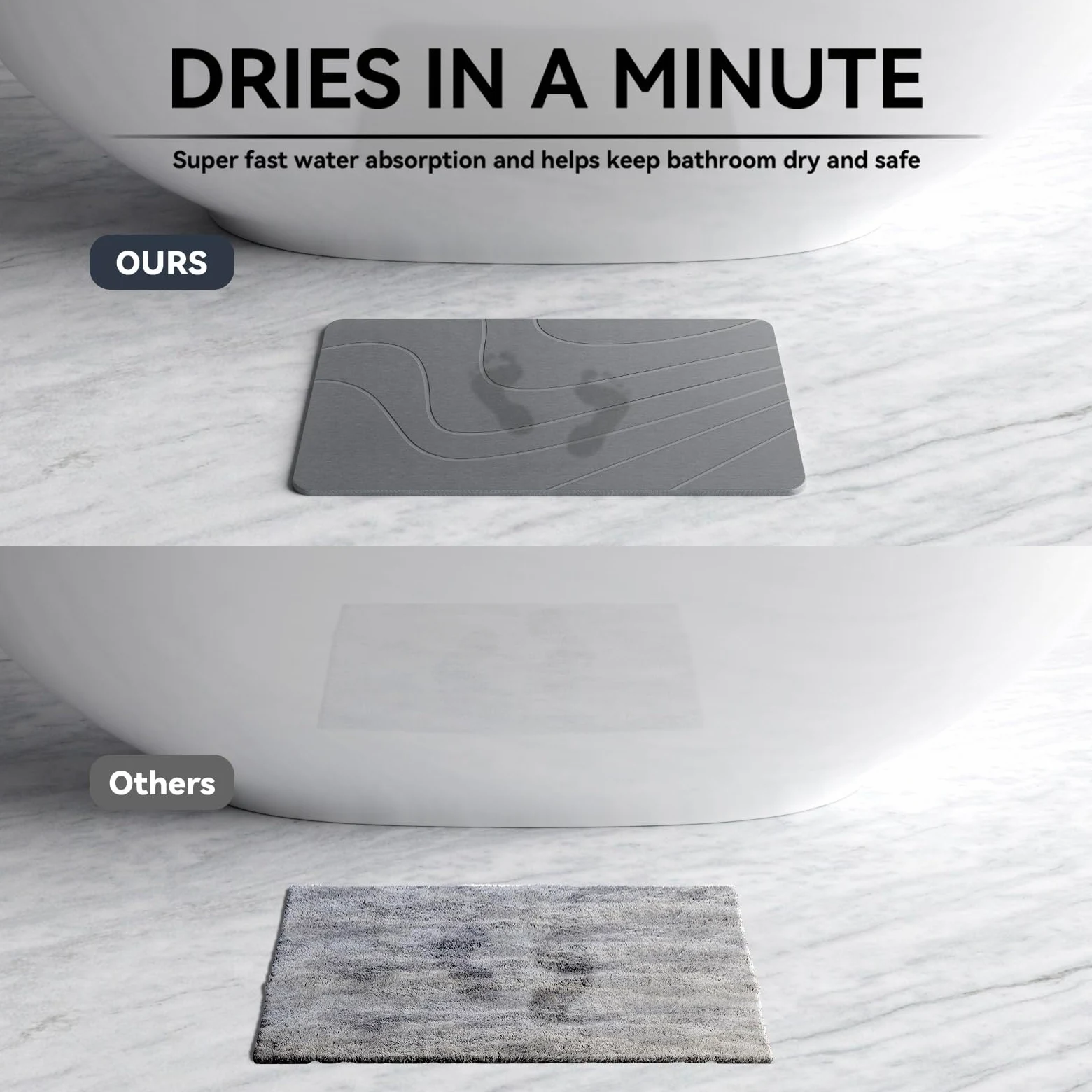 Tapis de bain en pierre, tapis de douche terre de diatomées | Tapis de sol antidérapant à séchage rapide, super absorbant, gris, 60 x 39,4 cm