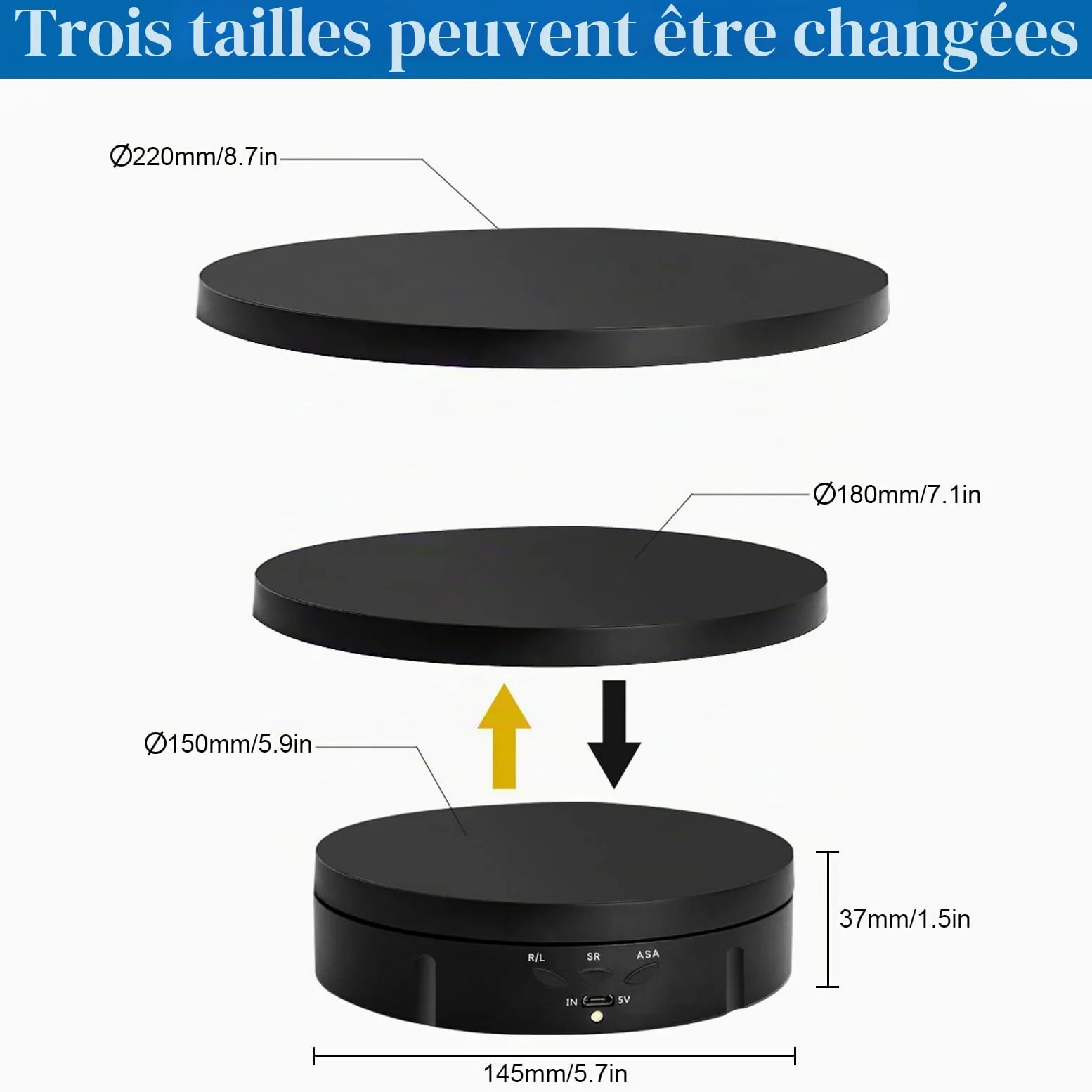 Plateau tournant électrique 3 en 1, support à 360 degrés, plateau tournant motorisé avec télécommande pour photographie, présentation de produits, bijoux, modèles 3D, objets de collection (noir)