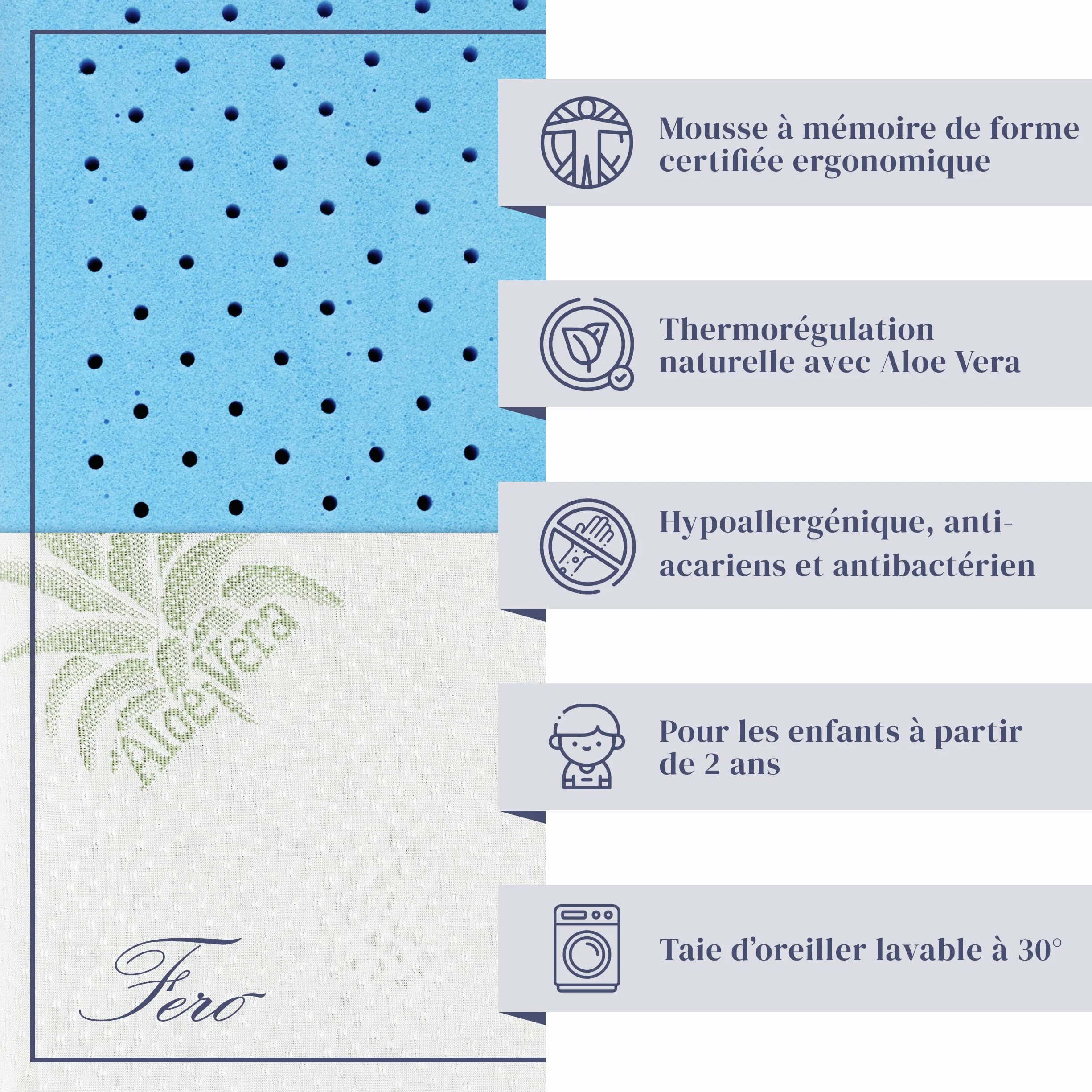 Oreiller Enfant Anti-Étouffement 30x50x5,5 cm Mousse à Mémoire de Forme Oeko-TEX® CertiPUR™ Housse Amovible Aloe Vera 2 Ans Fabriqué Italie