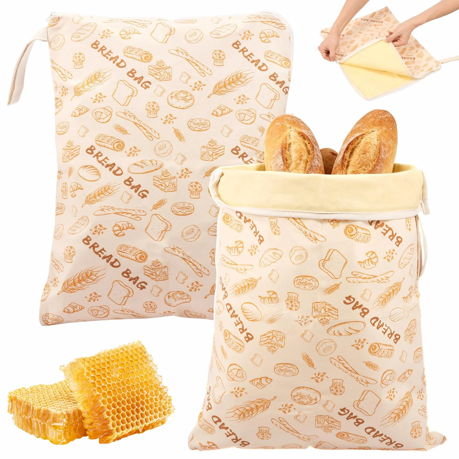 Sacs à pain en cire d'abeille réutilisables 43×33 cm avec fermeture éclair, lot de 2