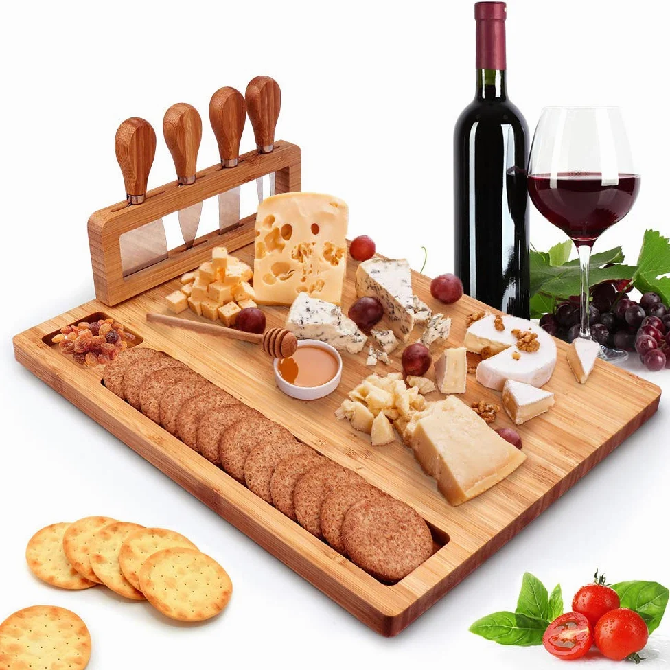 Plateau à fromage en bambou avec plateau à charcuterie et plateau à viande, plateau de service en bois, cadeaux uniques pour Noël, mariage, anniversaire
