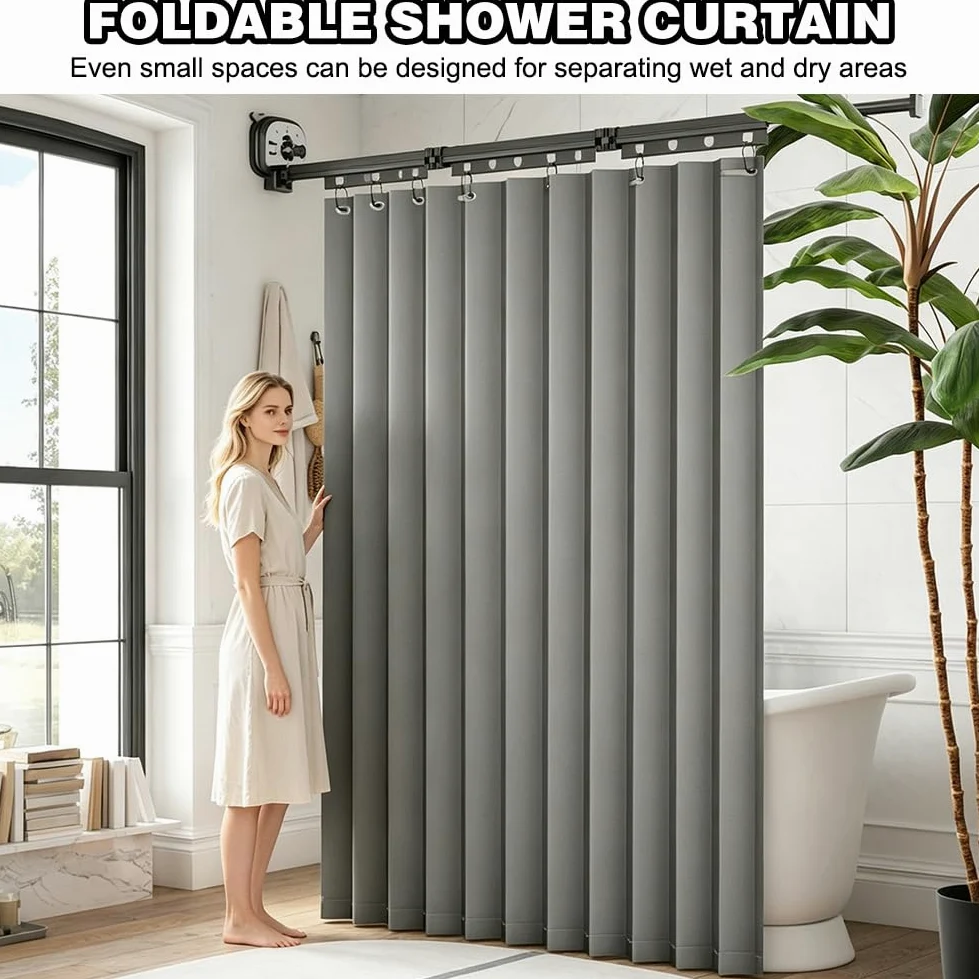 Tringle à Rideau de Douche en L, Modèle à Ventouses Sans Perçage, Rétractable à 3 Volets avec Étagère à Linge, pour Salle de Bain et Baignoire